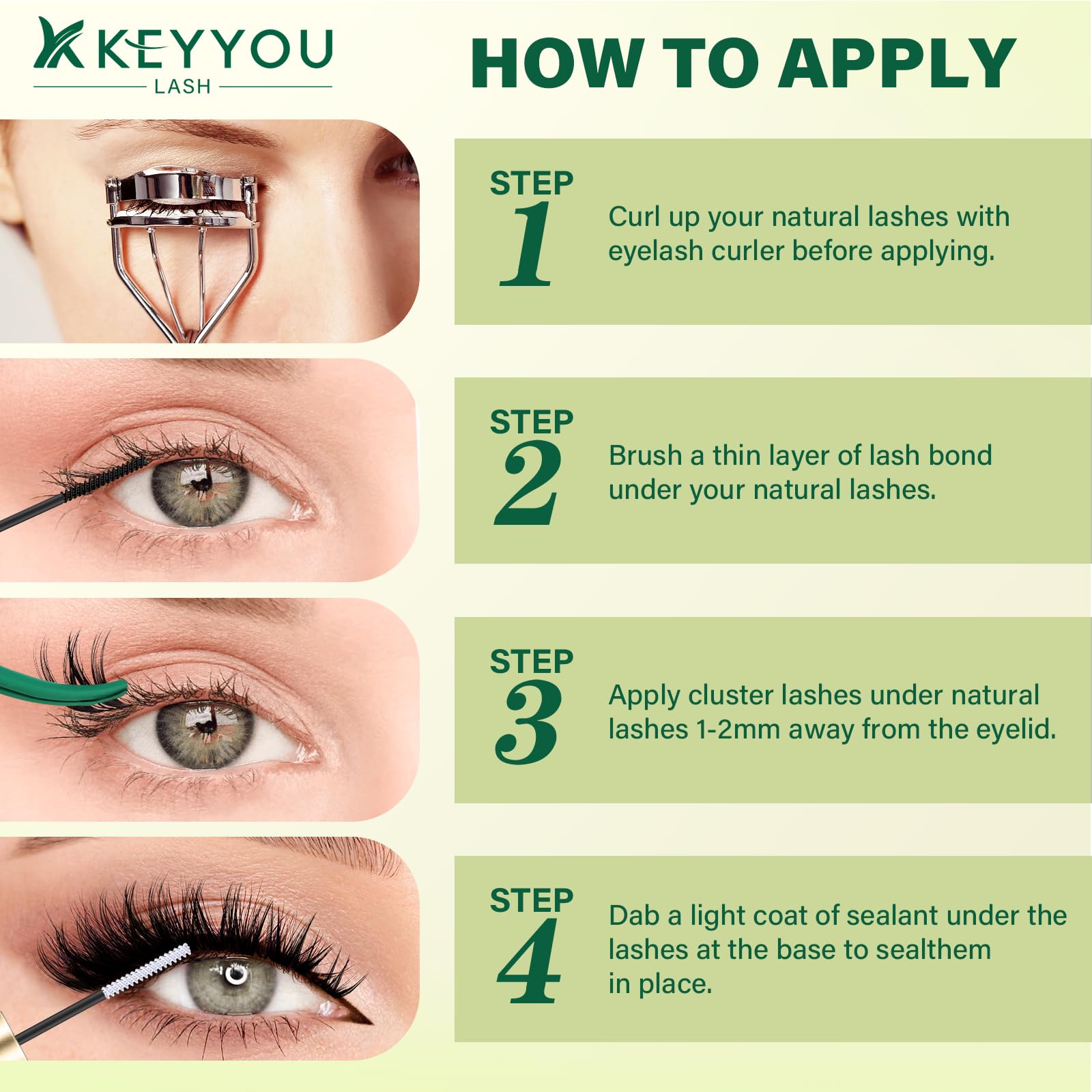 KEYYOU Set di extension per ciglia a D ricciolo volume, 8 – 16 mm, set da 132 arricciacapelli per ciglia con adesivo e tweezers Wispy Lash Clusters Kit (F01)