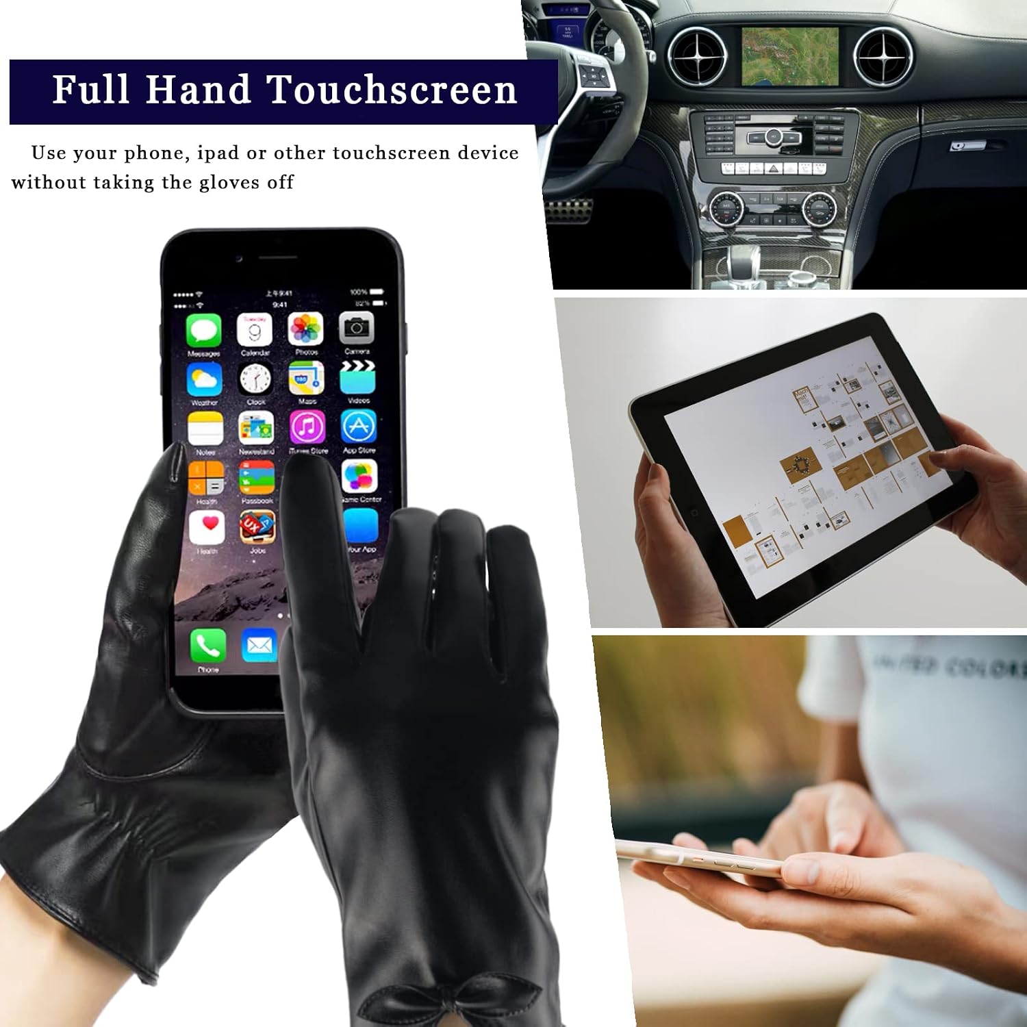 Long Keeper Women PU Leather Touchscreen Gloves Touch Screen Texting Winter Warm Cycling Driving Bowknot Gloves