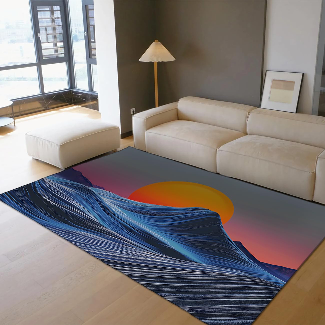 Waschbare Teppiche Abstract Ocean Wave Sunset Scene Area Teppich Boho Sun Anti-Rutsch-Teppich für Wohnzimmer Büroeingang Weiche niedrig florierte Blaue Türmatte 160x200cm
