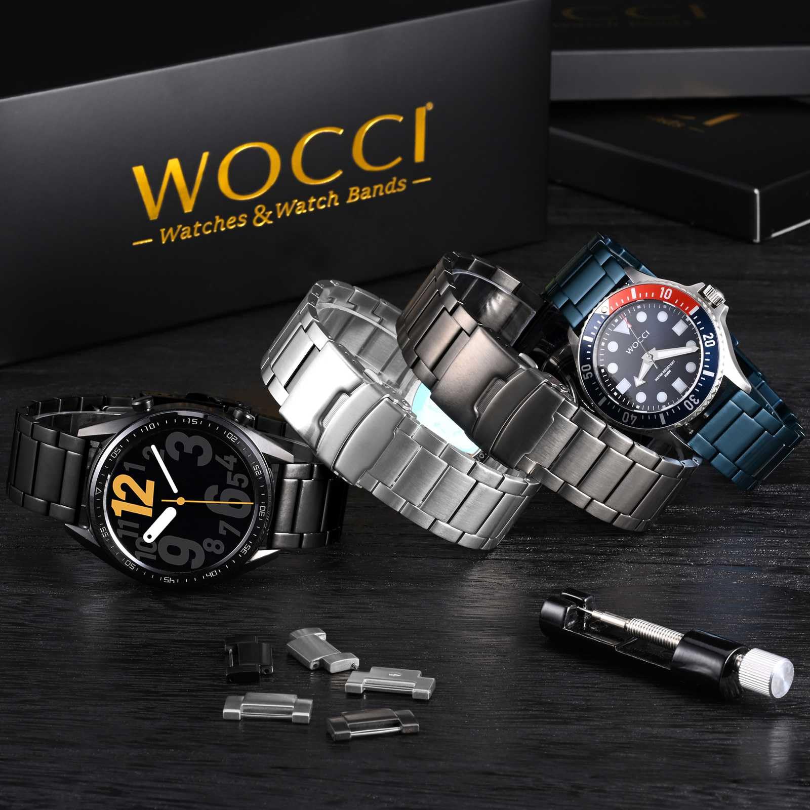 WOCCI Wytrzymały metalowy pasek do zegarka, zapasowy pasek ze stali nierdzewnej 316L, zapięcie zastępcze, kompatybilna szerokość uchwytu zegarka 18 mm, 20 mm, 22 mm, 24 mm