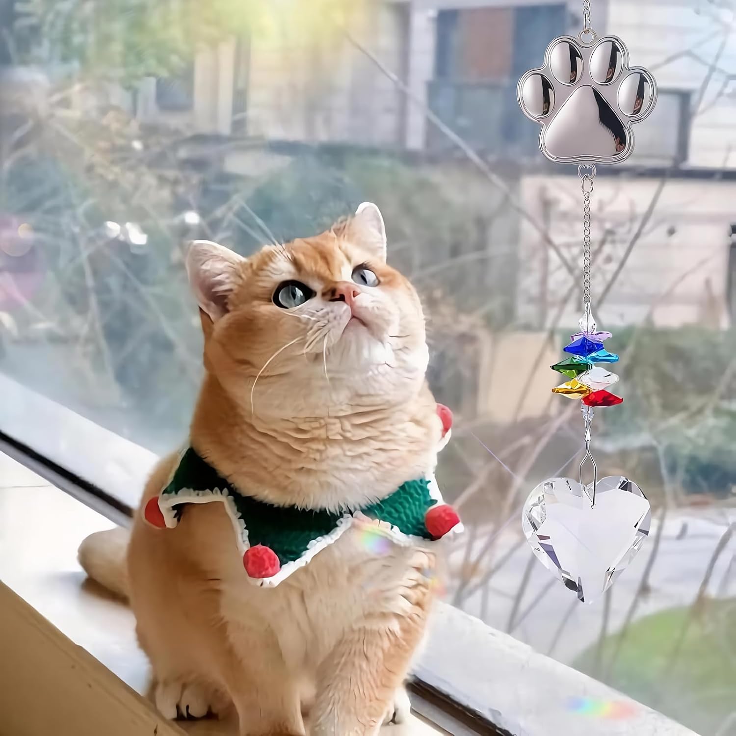 Pet Memorial Sun Catcher – Heartfelt Dog and Cat Remembrance Gift, Personalized Paw Design with Durable Hooks, Colorful Star Anise Bead and Crystal Clear Heart Shaped Prism