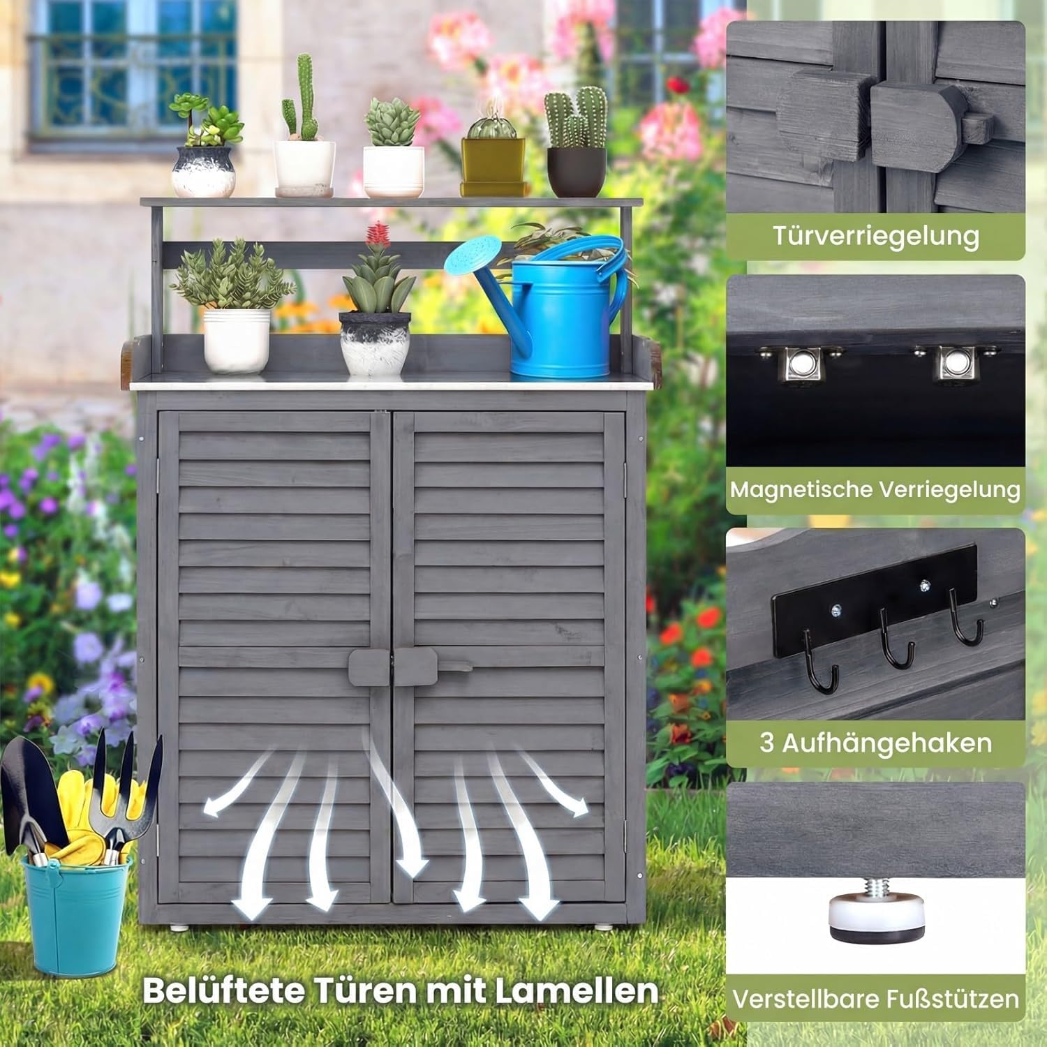 RELAX4LIFE Pflanztisch Outdoor, Gartentisch Holz mit Unterschrank, Verzinkter Arbeitsplatte, Abnehmbaren Regalen & Haken, Arbeitstisch wetterfest für Garten, Hof, Terrasse, 87 x 45 x 120 cm, Grau