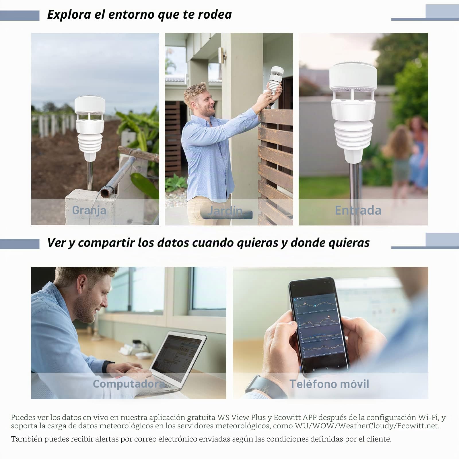 ECOWITT Wittboy GW2001 Estación Meteorológica, 3 en 1 Pasarela Interior WiFi Hub GW2000 + 7 en 1 Sensor Meteorológico Inalámbrico Doméstico WS90 con Alimentación Solar, 868