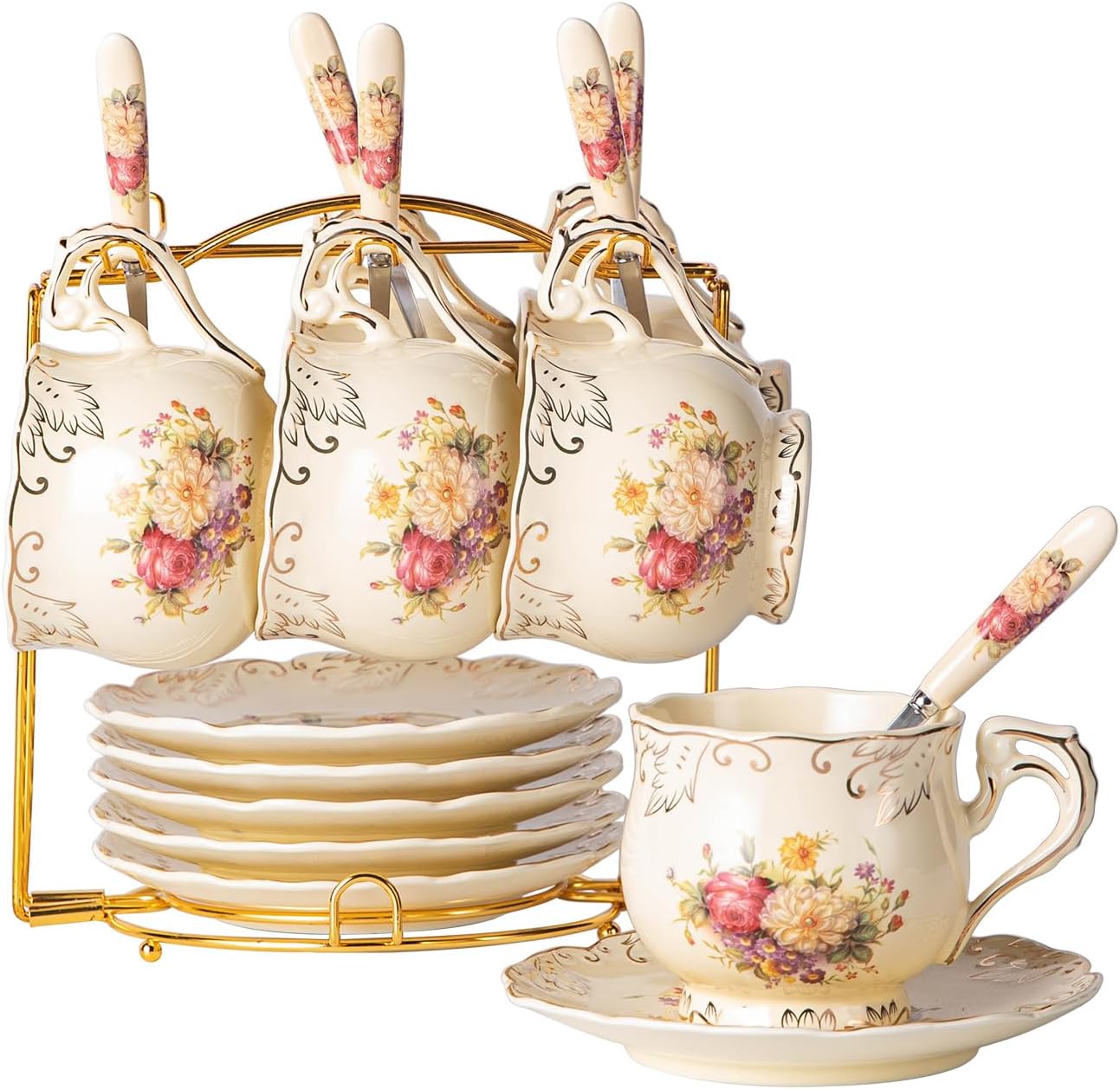 YOLIFE 8 OZ Flowering Shrubs Tea Cups and Saucers Set of 6, Ivory Ceramic Floral Teacups Set, Coffee Cups with Golden Rack