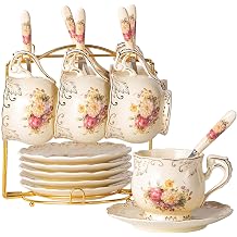YOLIFE Tea Cup and Saucer Set of 6, 200ml Vintage Ivory Porcelain Cups Saucers Set with Gold Stand, Gift for Women