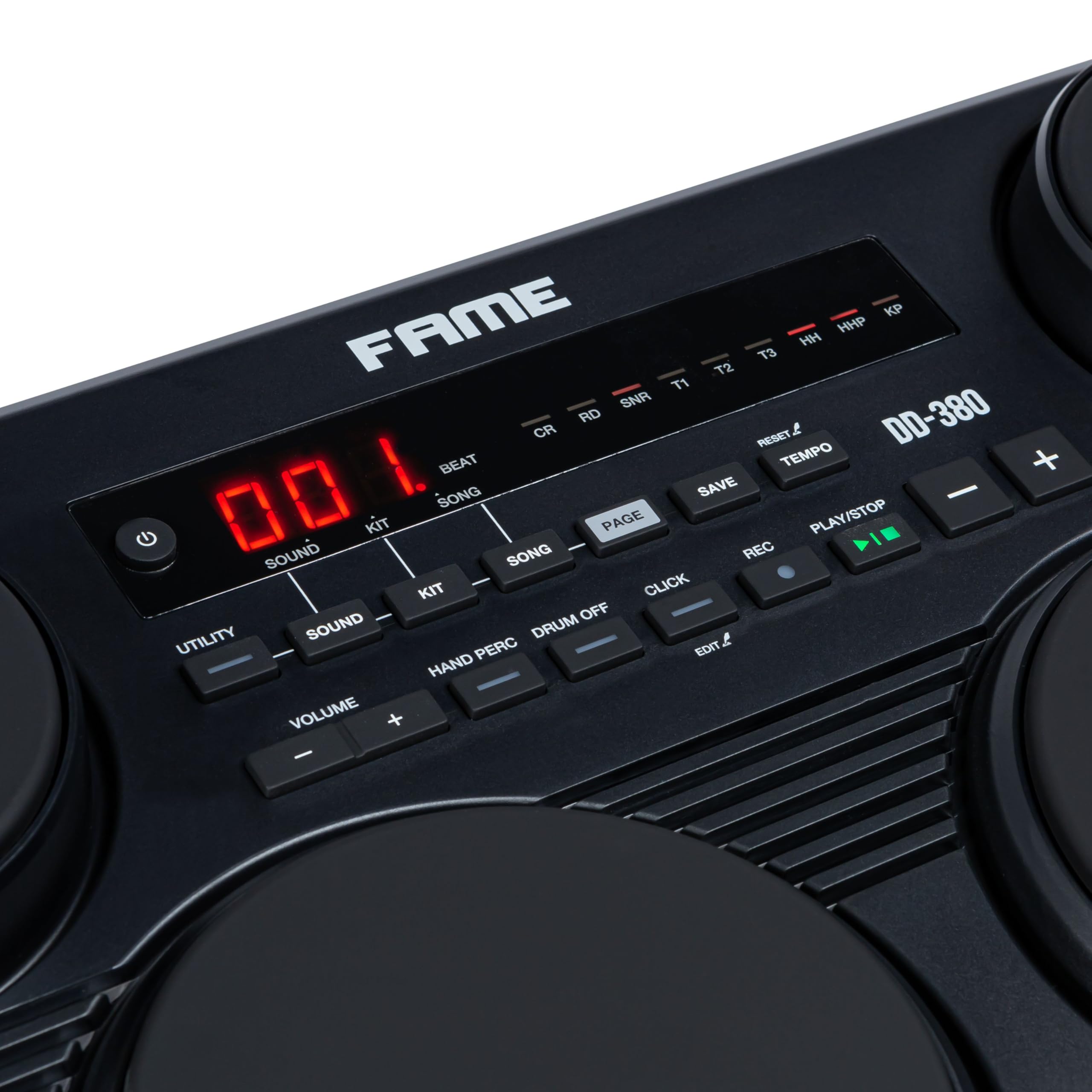Fame DD-380 Digital Drum Set, Kompaktes E-Drum, 273 Sounds, 45 Kits, 7 anschlagsdynamische Pads, Recording-Funktion, USB-MIDI, Metronom, inkl. Sticks & Netzteil, Ideal für Zuhause & unterwegs