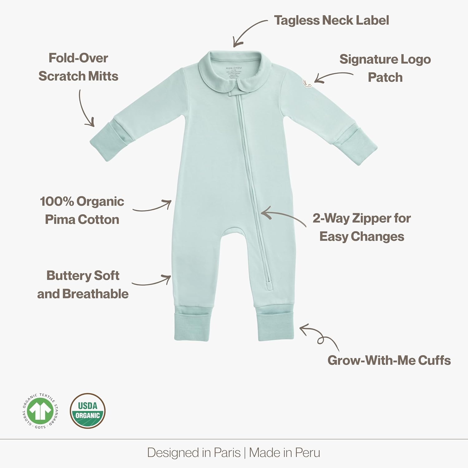 MON CHOU 100% Organic Pima Cotton Baby Pajamas | 2-Way Zipper, Convertible Footie & Mittens | Unisex - Sizes 0–18 Months - Image 2