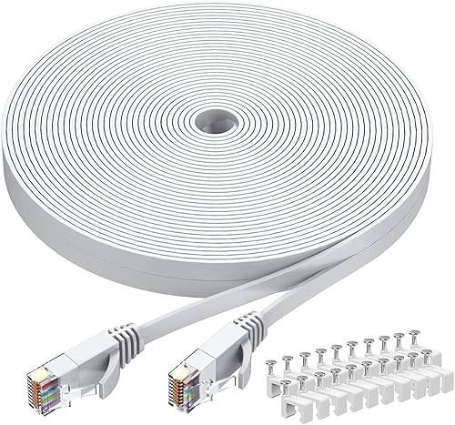 BUSOHE Cable Ethernet Cat6 de 30 pies, color blanco, Cat-6 plano RJ45 para computadora, Internet LAN, red Ethernet, cable de conexión Ethernet - 30