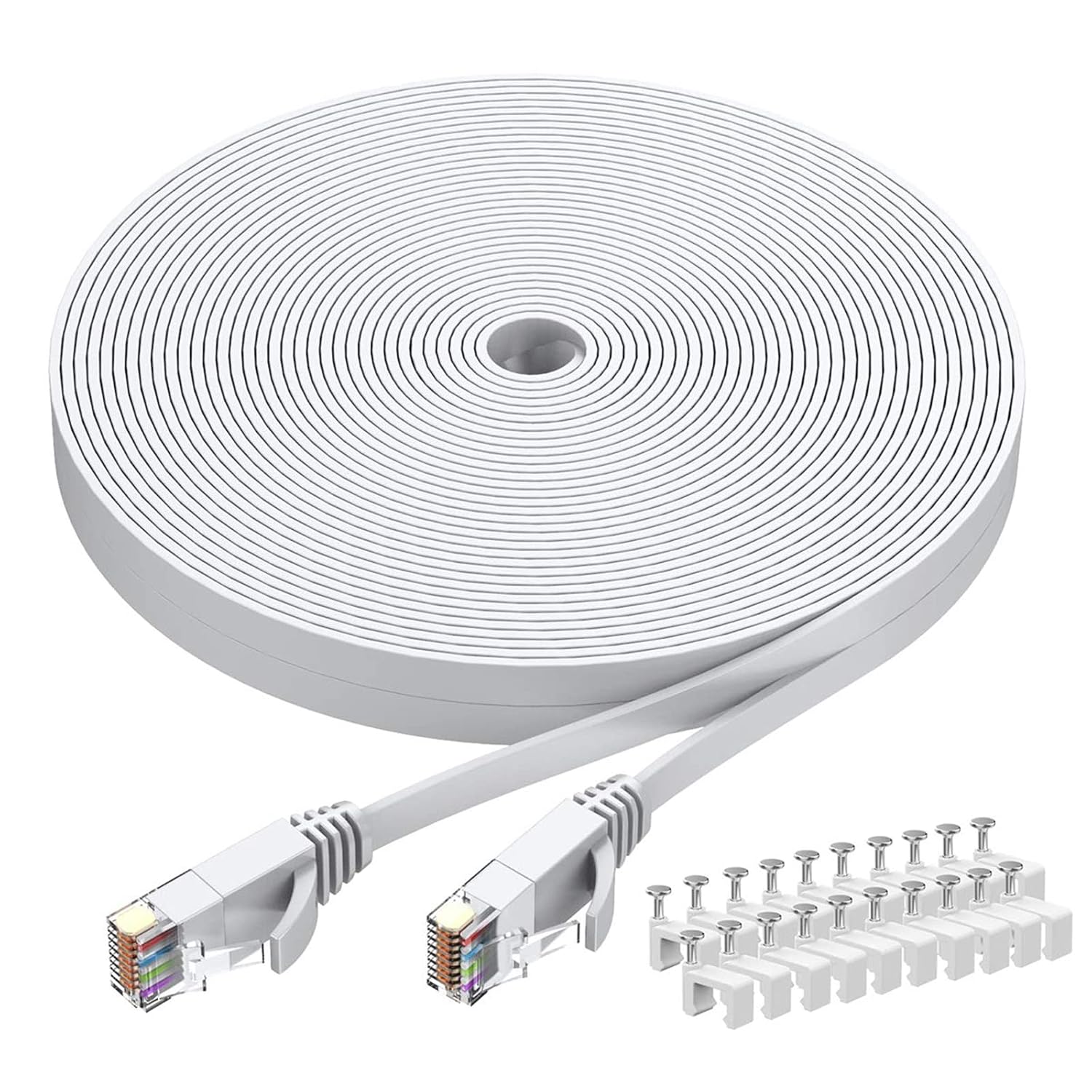 BUSOHE Cat6 Ethernet Cable 30 FT White, Cat-6 Flat RJ45 Computer Internet LAN Network Ethernet Patch Cable Cord - 30 Feet