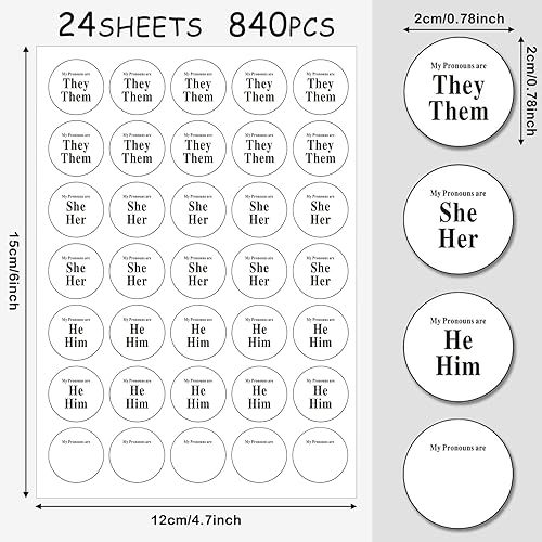 Miniatura 2 de 840 unidades, 24 hojas de calcomanías de pronombre a granel para insignias de conferencia, calcomanías redondas no binarias para nombre,