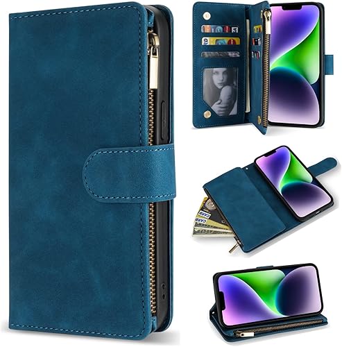 ZZXX Funda tipo cartera para iPhone 14 Plus con bloqueo RFID, ranura para tarjetas, piel sintética suave de alta calidad, con cremallera, con correa