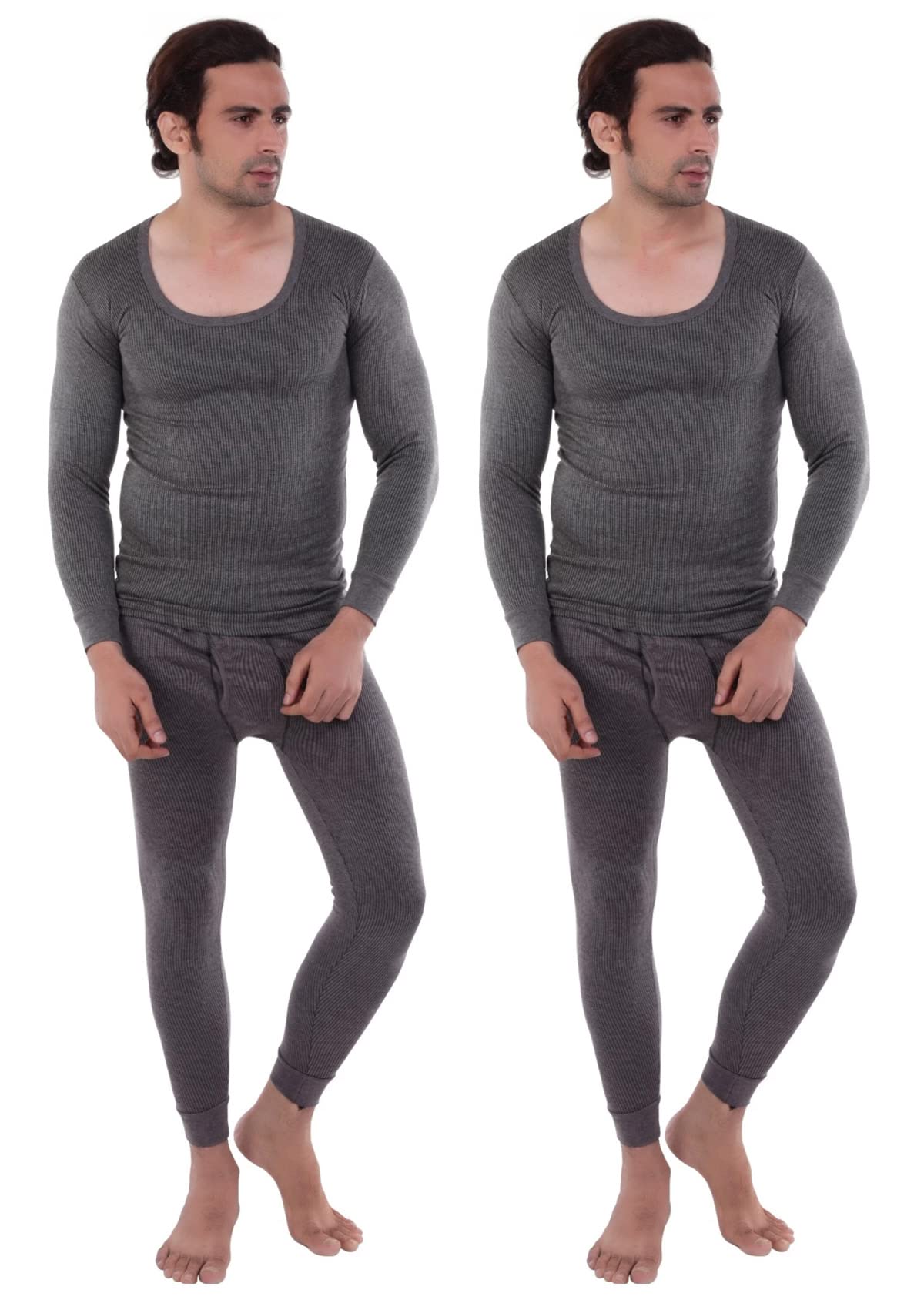 u-light Men's Round Neck Full Sleeves Undershirt and Full Length Underpants Charcaol Melange Thermal Set (#Set-CH)