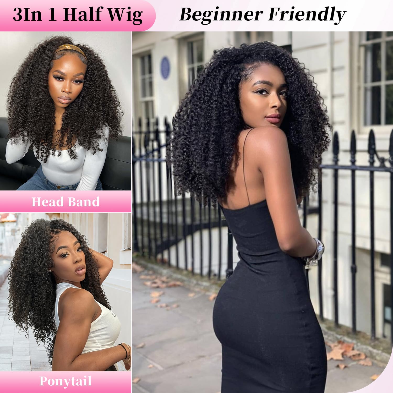 Fine Plus Curly Half Wig, 3-in-1 Glueless Wig 18inch Protein Synthetic with Human Hair Feel 180% Density Ready-to-Wear for Daily Use/Beginner Friendly (Color: Protein Synthetic Hair-2B)