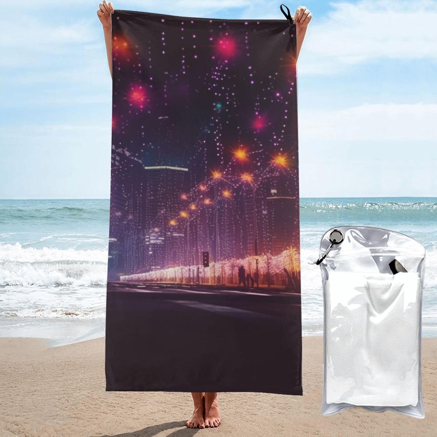 KHiry Microfiber Towel Beach Towels New Year Lights Quick Dry Towel Soft Lightweight Travel Towels Absorbent Large Easy Pack Travel Things Beach Blanket for Gym Sports Swimming