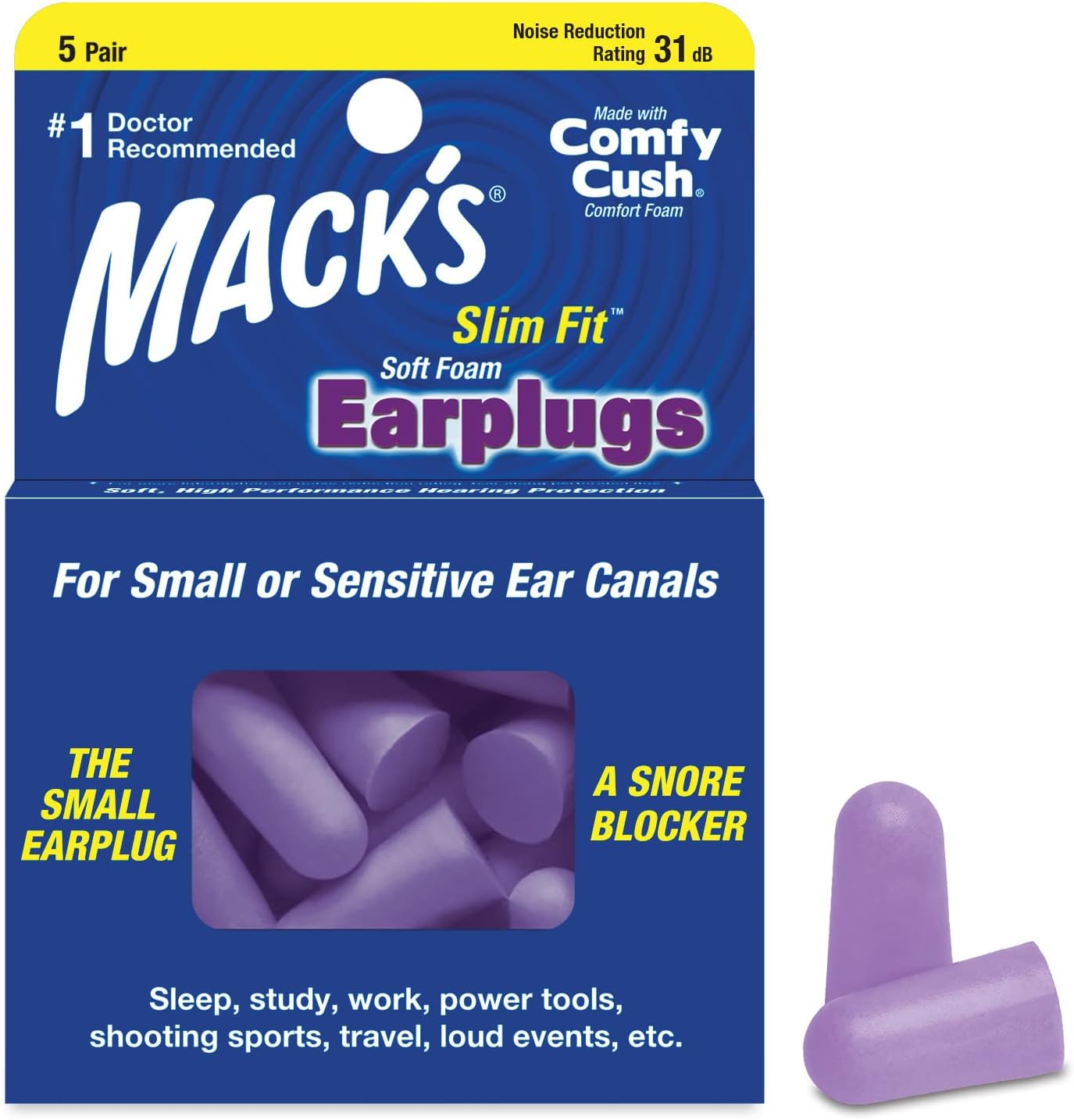 Slim Fit Soft Foam Earplugs, 5 Pair - Small Ear Plugs for Sleeping, Snoring, Traveling, Concerts, Shooting Sports & Power Tools | Made in USA
