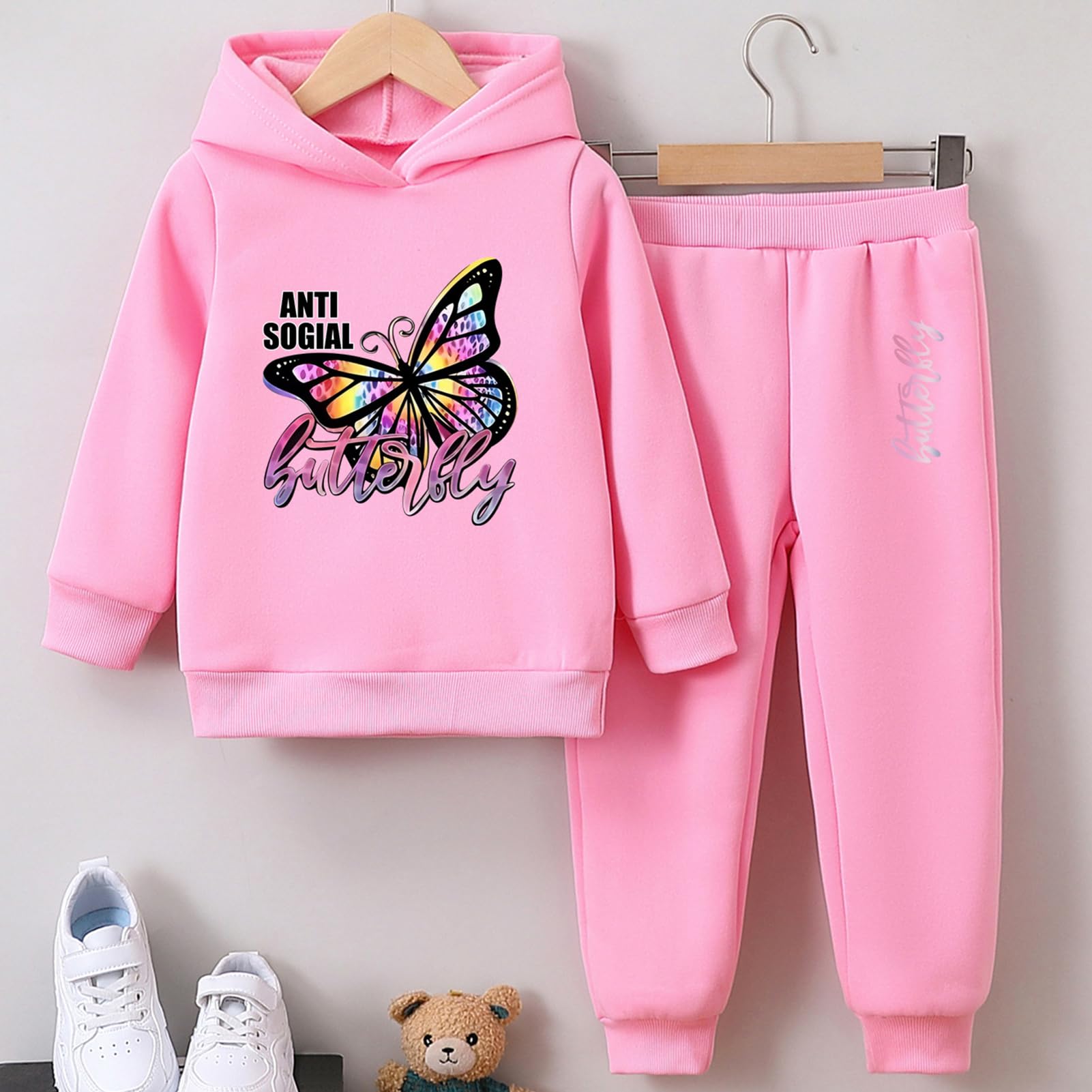Trainingsanzug Kinder Mädchen Jogginganzug 2tlg Sweatshirt mit Kapuze + Sporthose Sportanzug mit Schmetterlingsprint