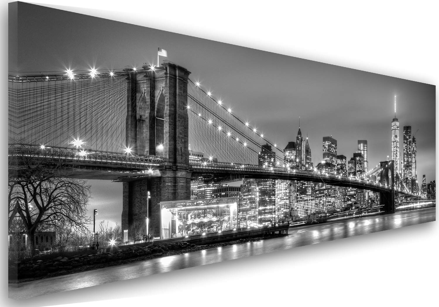 Feeby Bilder Brooklyn Bridge New York Stadt 100x40 cm Wohnzimmer Schlafzimmer Büro Flur Küche Modern Bild auf Leinwand Kunstdruck Design Wasser Gebäude Wolkenkratzer Architektur Ansicht Schwarz-Weiss