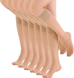 EVERSWE Women's Ultra Sheer 15D Knee High Stockings 6 Pairs - Silky Stay-Put Black Nude Hosiery