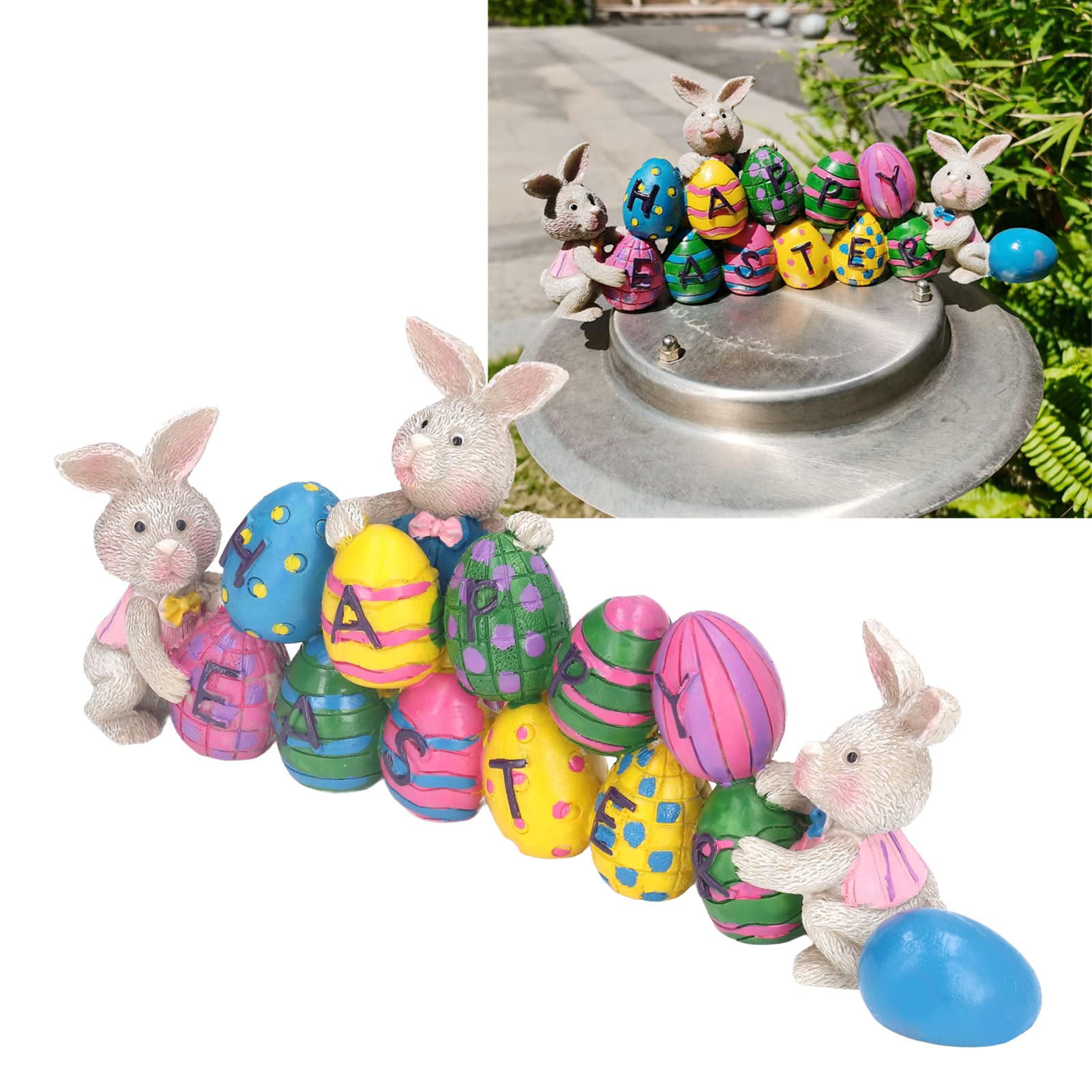 Centrotavola di Pasqua, Simpatica Statuetta da Tavolo in Resina Dipinta a Mano con Coniglietti e Uova, Decorazione per Feste di Pasqua con 3 Coniglietti e 11 Uova Colorate per la c