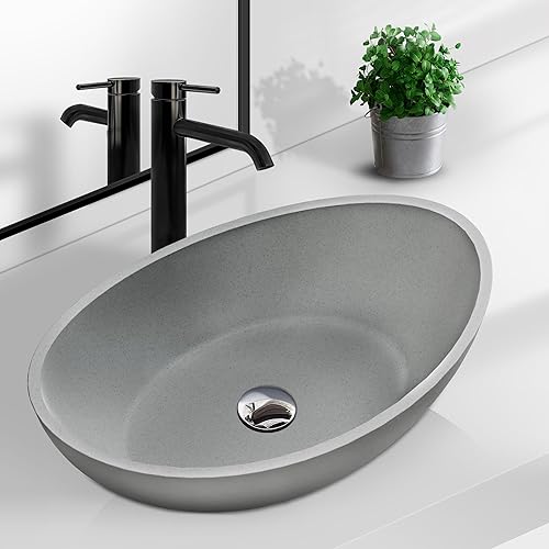Dolonm Fregadero de baño, lavabo de baño de hormigón en gris sin grifo ni drenaje, 21 x 14 pulgadas, en forma de cuenco