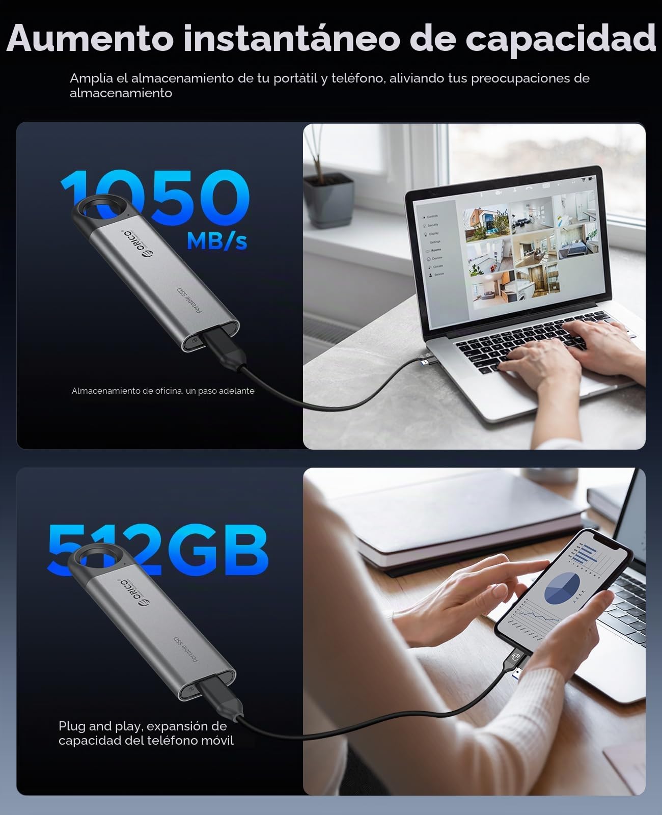 ORICO SSD Externo 512GB hasta 1050 MB/s, Disco Duro Externo con Orificio para Colgar y Cable USB C y A 2 en 1, SSD Portatil USB3.2 Gen2 Compatible con iPhone 15 Series/Mac/PS5/Xbox - C10