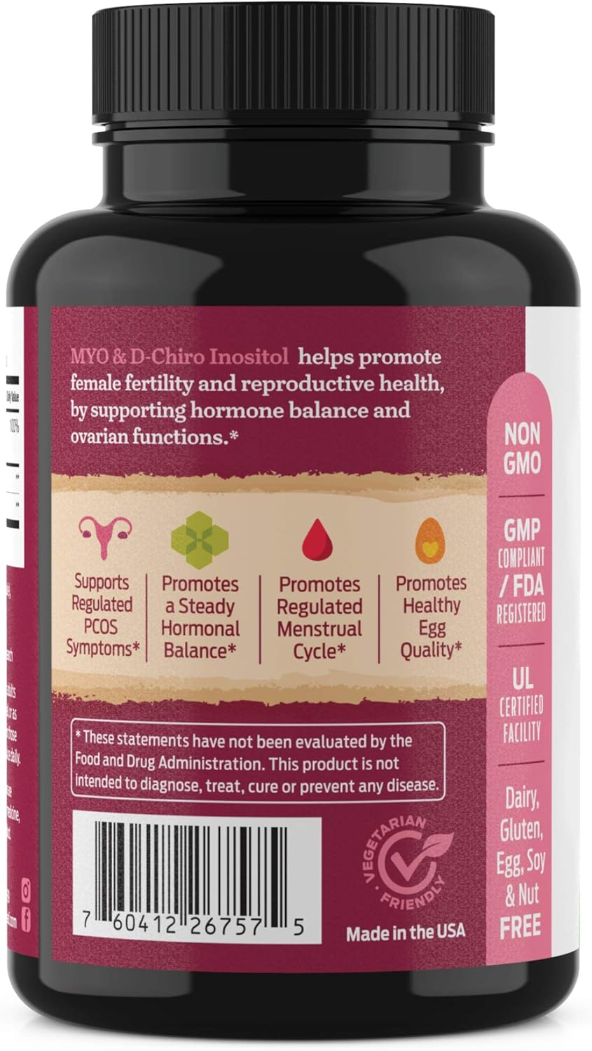Myo and D-Chiro Inositol Supplement Blend with Folate - Hormone Balance, Ovulation and Ovarian Support for Women - Hair Growth, Weight Management, Fertility and Pregnancy Health (120) : Health & Household