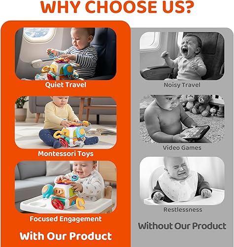 Vista 3 de Tabla Ocupada Montessori 10 en 1 para niños de 1 año - Juguetes para niños pequeños de 1 a 2 años con volante de automóvil y llaves, juguetes