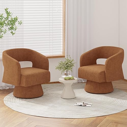 Swivel Barrel Accent Chair,Oversized Chenille Upholstered Round Swivel Chair,Modern Luxury 360 Degree Living Room Vanity Chair for Bedroom Office,Khaki,2PCS