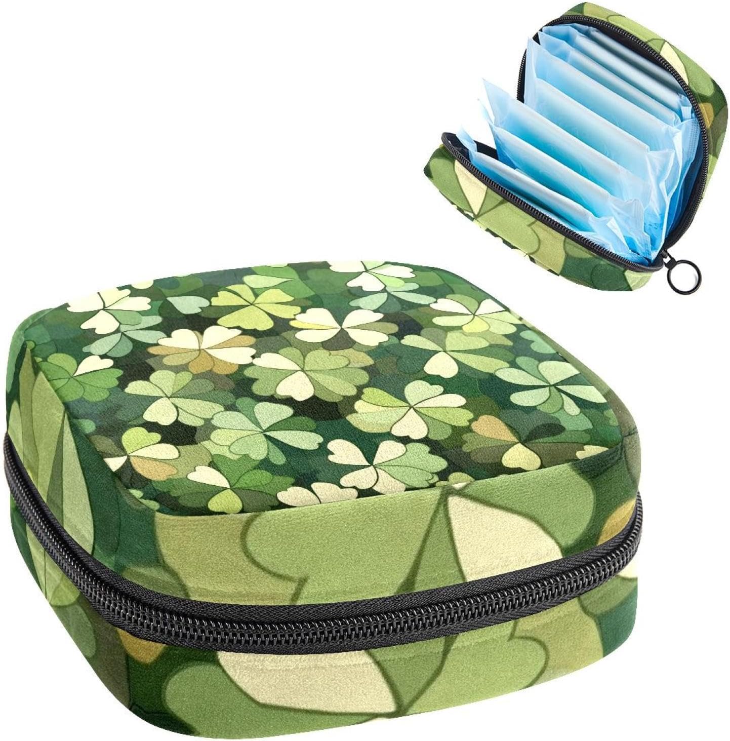 1Pc Period Bag for Women, Menstrual Pad Pouch for School Office, Reusable Sanitary Napkin Storage Bag Portable Feminine Period Kit Bag St. Patrick’s Day Green Clover Chequered Pattern