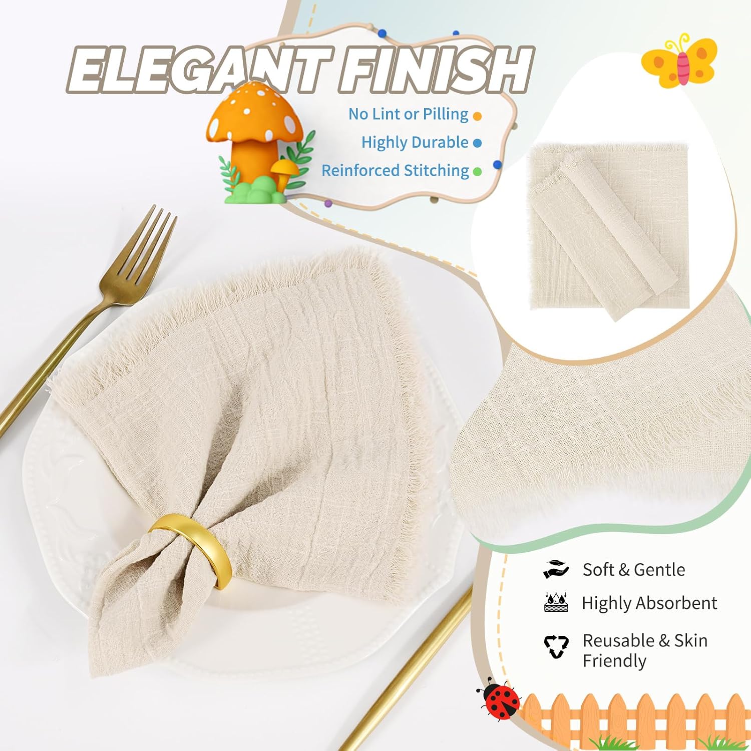 Showgeous 60 Pack Natural Cloth Napkins with Fringe 16x16 inch 100% Cotton Napkins Handmade Dinner Napkins Bulk Washable Soft Rustic Table Napkins for Wedding Parties Bridal Baby Shower