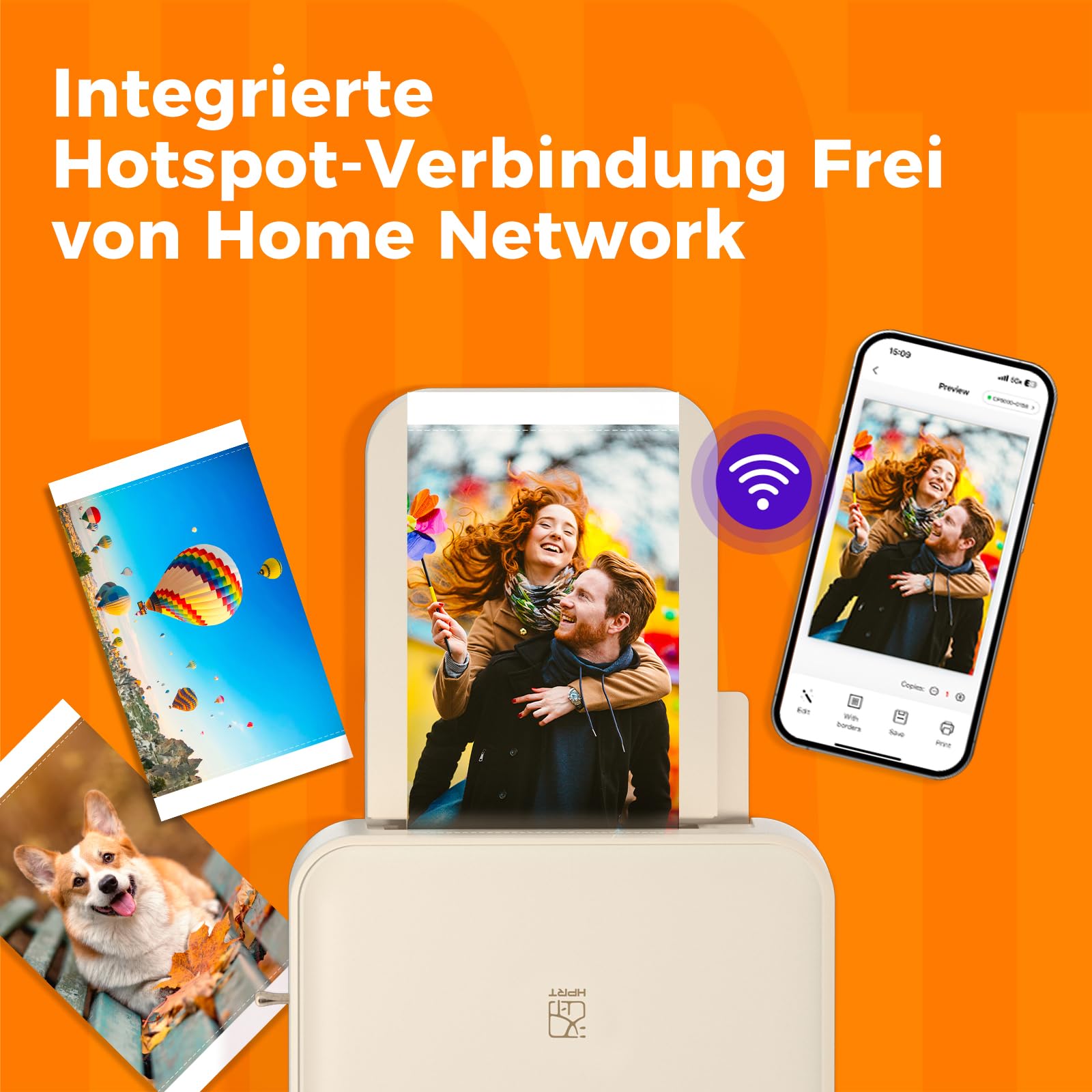 Desktop-Fotodrucker, 10 x 15 cm, mit 108 Blatt Fotopapier und 2 Farbband | Sofortbilddrucker für iPhone, Smartphone, Thermosublimation, WLAN-Verbindung, Heimgebrauch, Beige