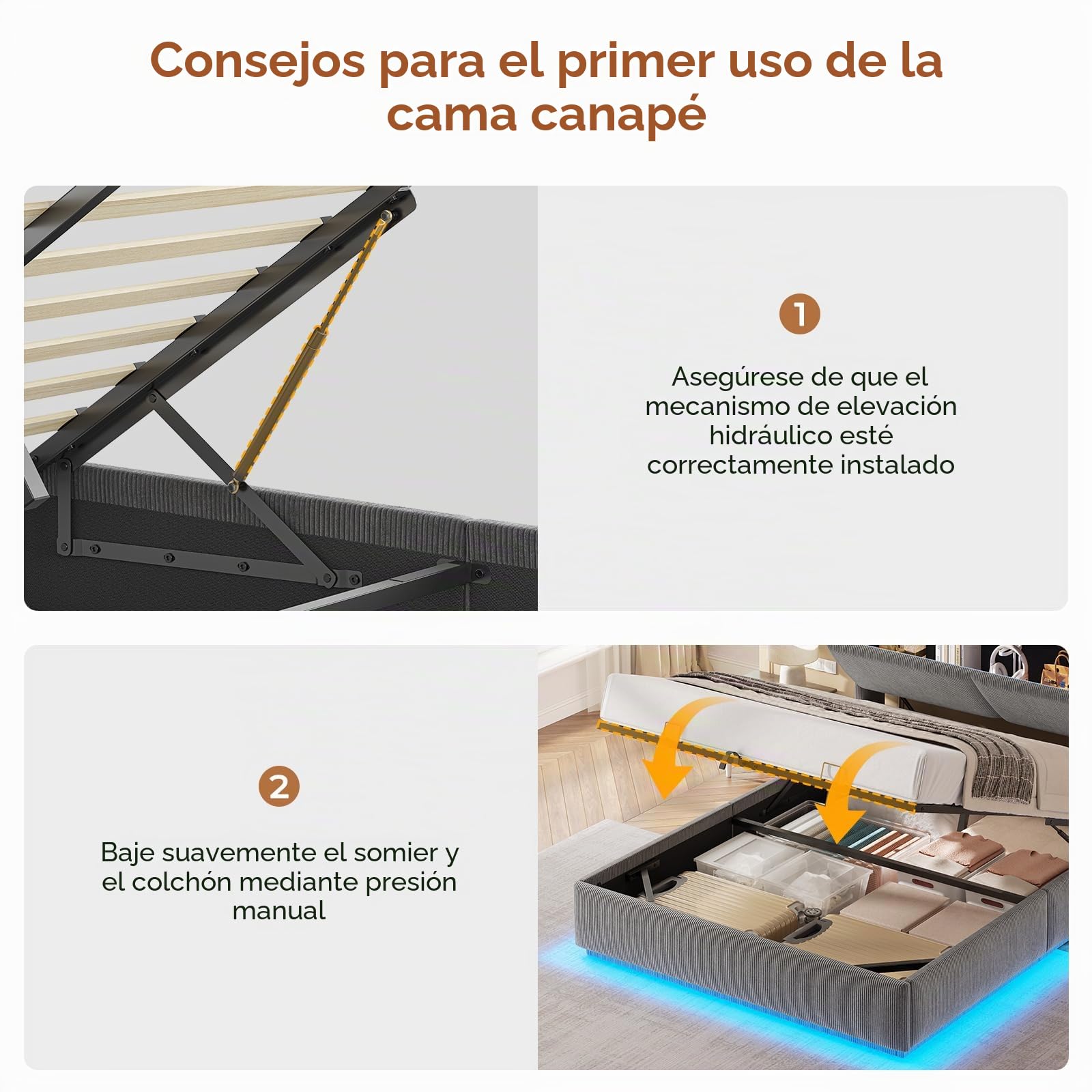 AOGLLATI Cama Matrimonial 140x190 con Almacenamiento Hidráulico | Cama Juvenil con Cabecero, Cama Canape con 270° LED y Carga Integrada, Somier Estructura de Cama Listones Madera, Pana Gris