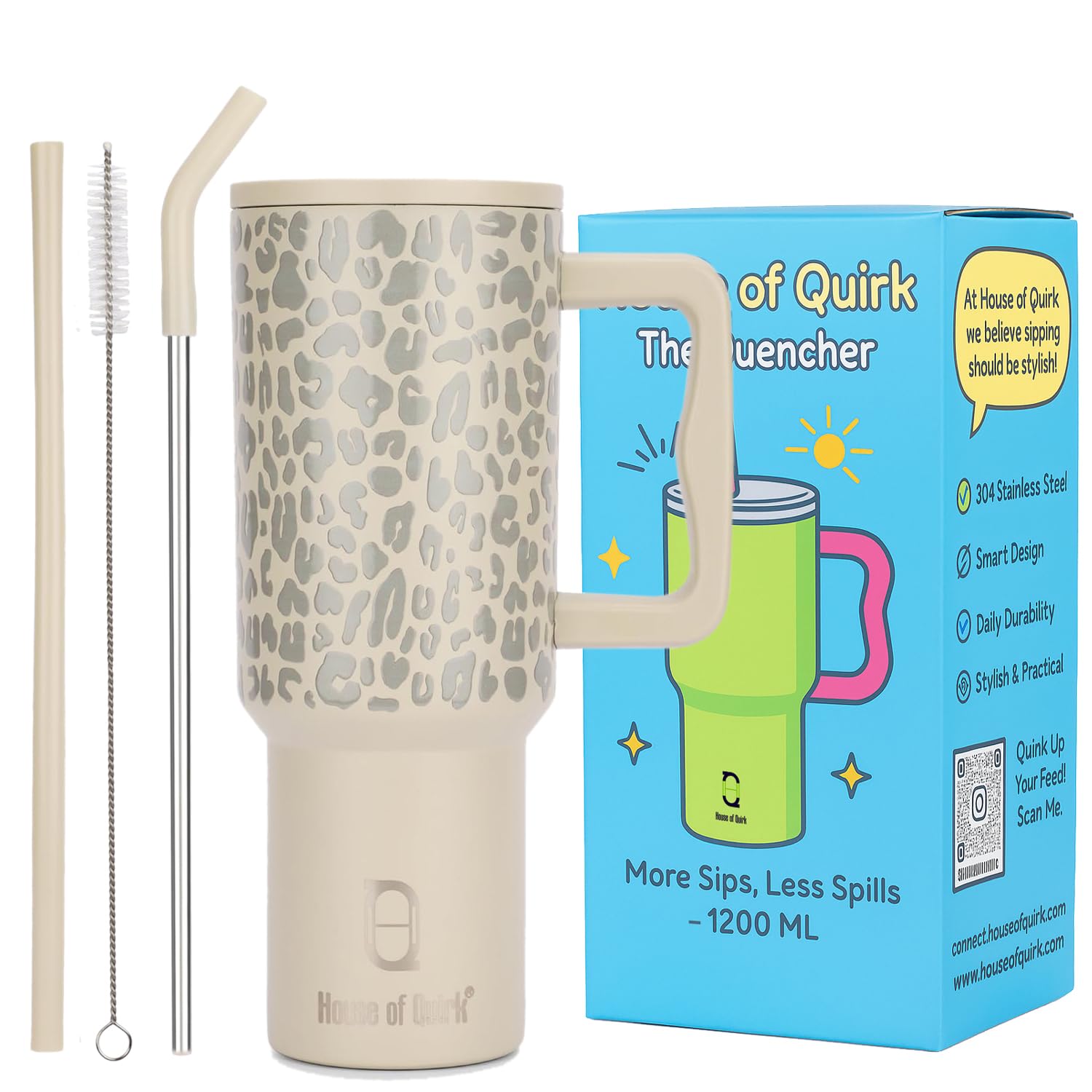 House of Quirk 1200ML Stainless Steel Tumbler with Handle & Lid, 2 Straws – Large Travel Mug Water Cup for Gym, Office & Outdoor Use (Beige Leopard)