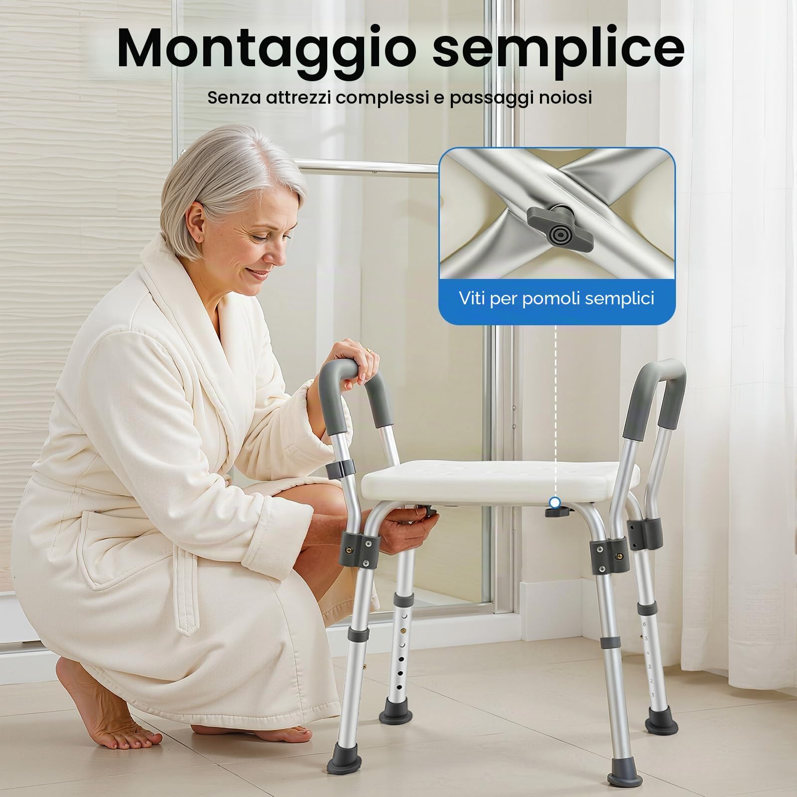 Sedia da doccia senza schienale con braccioli, sedia da doccia regolabile in altezza, per doccia interna, con capacità di 150 kg