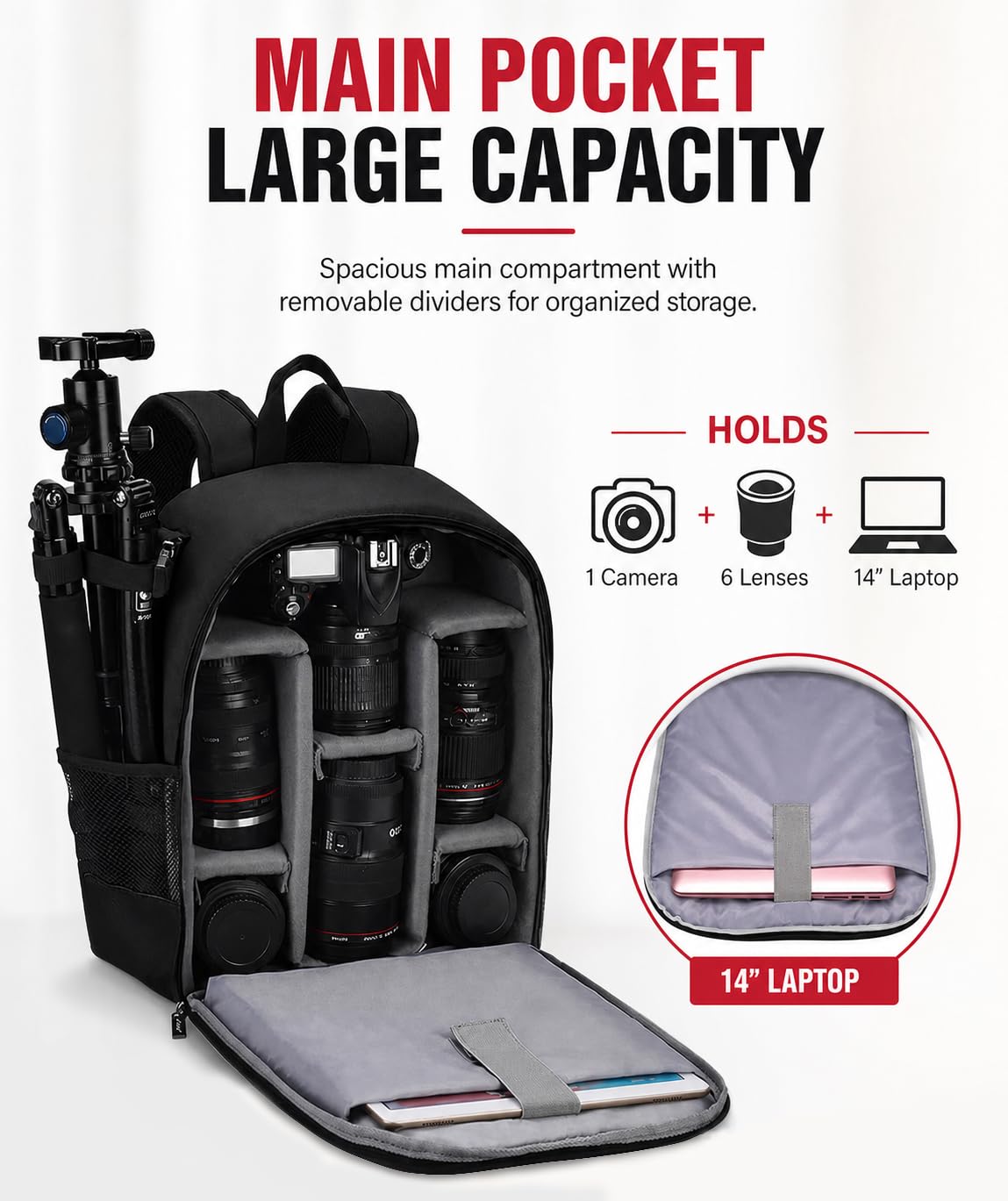 Cwatcun Mochila pequeña impermeable para cámara Mochila Profesional para DSLR/SLR especular, bolsa para Sony Nikon (3.0 negro, l) | Mochila para cámara DSLR/SLR, compatible con cámaras Sony Nikon Canon eos r50, color negro. Amplio. 3.0
