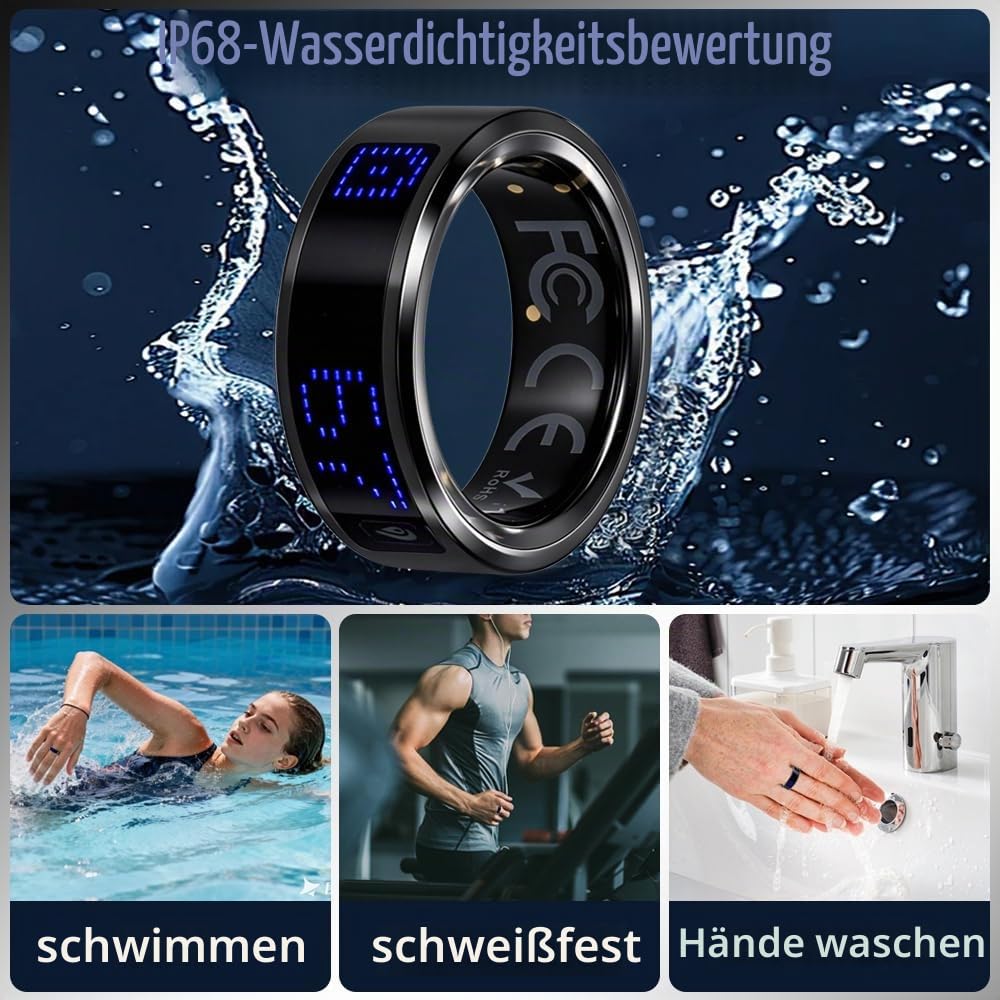 Smart Ring mit LED-Anzeige & Touchsteuerung – IP68 Fitness Tracker mit Multisport Modus – Überwachung von Schlaf, Herzfrequenz & SpO2 – Kompatibel mit Android- & iOS-Smartphones