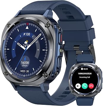 Foxhawk Smart Watches for Men with Bluetooth Calling Military Smart Watch for iPhone Android Waterproof Fitness Tracker Watch with Heart Rate Sleep Monitor 100+ Sport Modes Tactical Smartwatch Blue