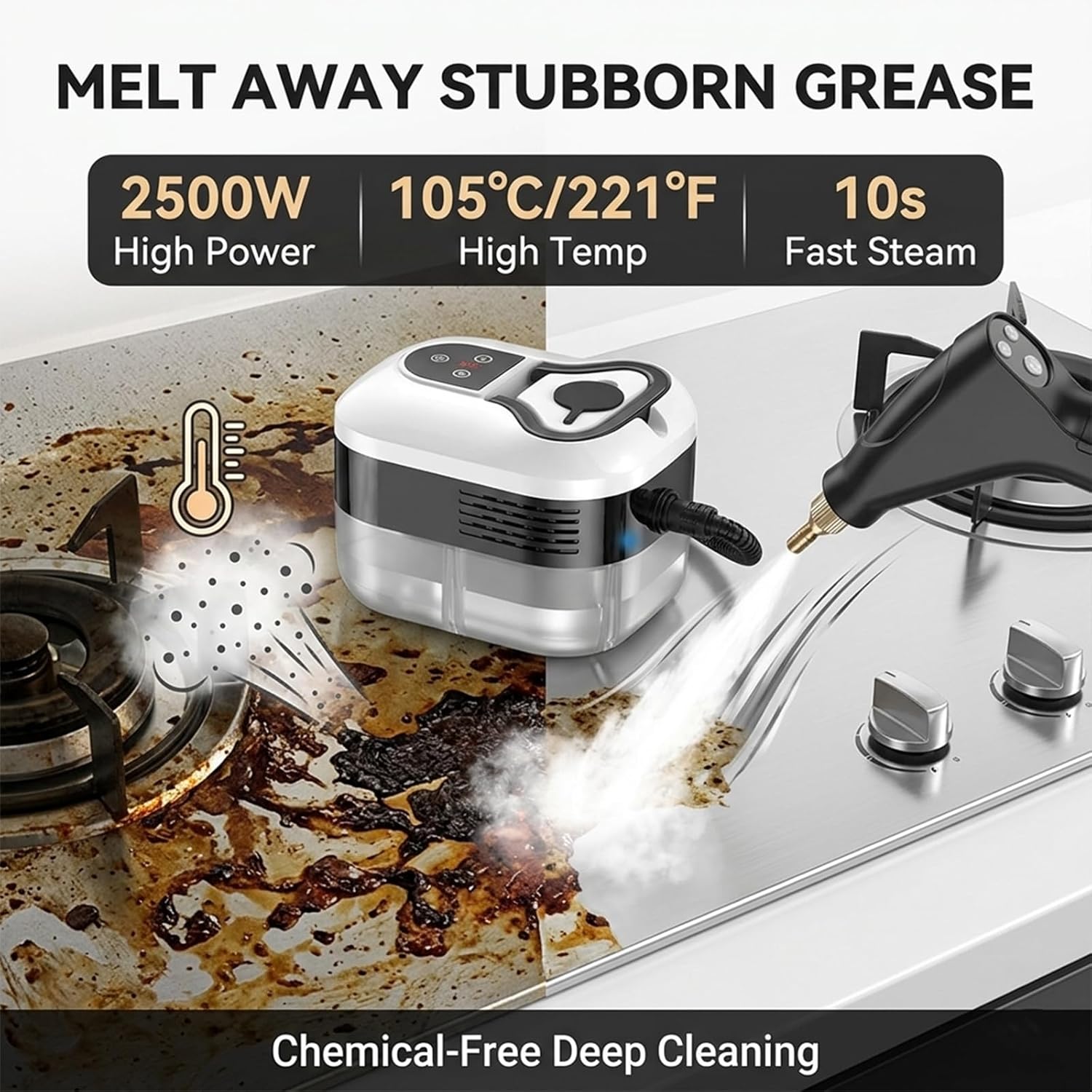 Aless 2500w Handheld High-Temperature Pressurized Steam Cleaner - 6 Adjustable Levels Steamer Cleaner with Brush Heads for Car, Furniture, Grout, Window (Black)