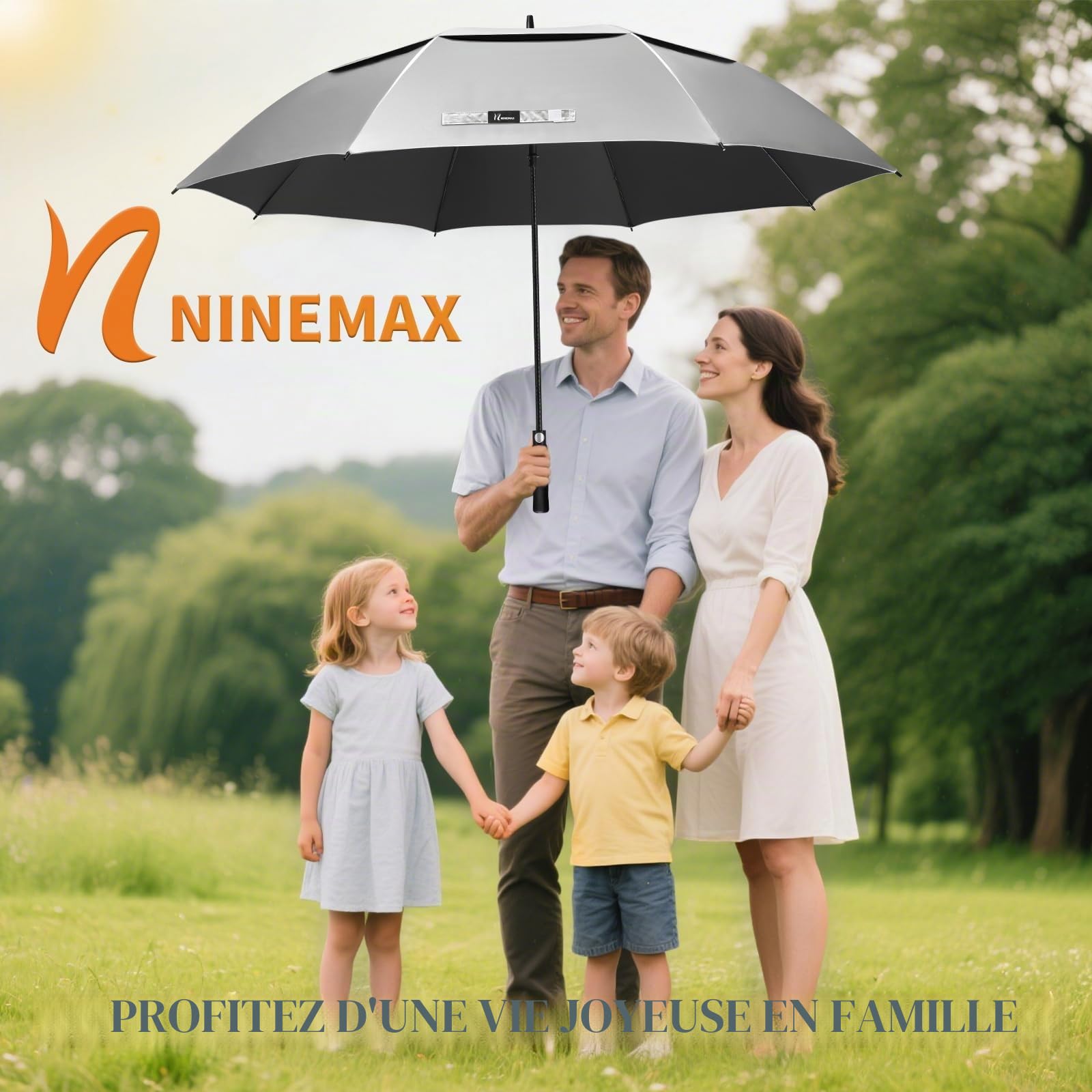 NINEMAX Grand Parapluie Soleil Anti UV XXL Ombrelle Solide Anti Vent Résistant pour 2 Personnes Argent Noir