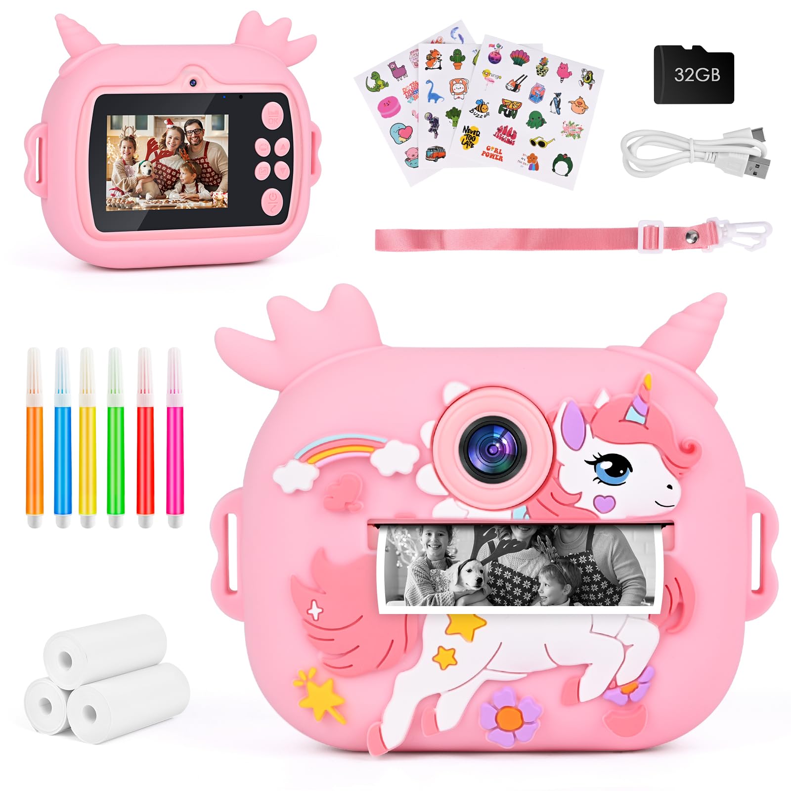 Macchina Fotografica Istantanea per Bambini, 2,4 Pollici 1080P Fotocamera Selfie Digitale con 32GB Scheda e Carta Fotografica, Regali di Natale da 3-12 Anni (Rosa)