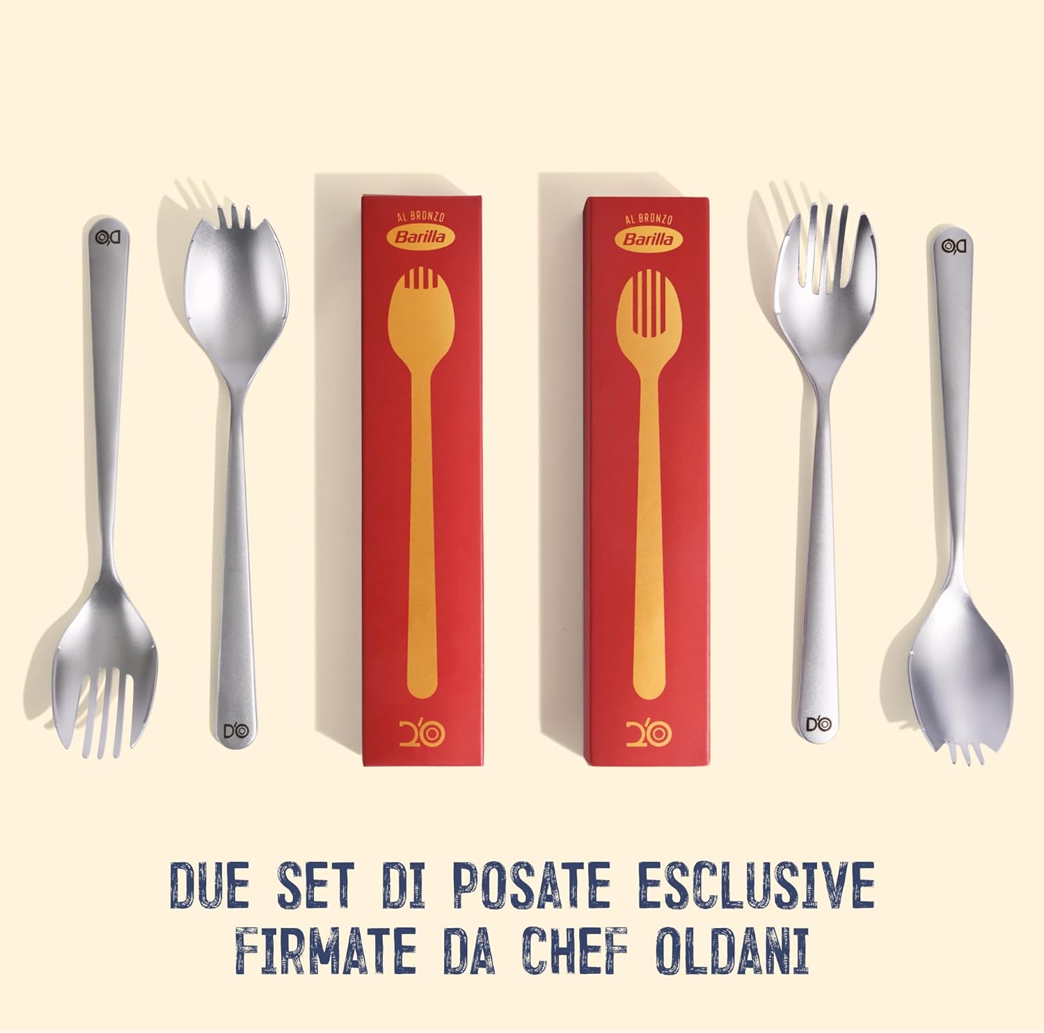 Barilla Al Bronzo Gift Box, Idea Regalo con 1 Pack di Pasta Barilla Mezzi Rigatoni al Bronzo e 2 Set di Posate, Edizione Limitata Dedicata al 20° Anniversario del Ristorante D'O di Chef Davide Oldani - Immagine 2