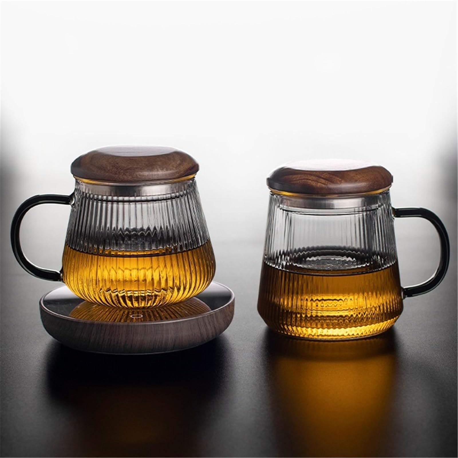 Leche Taza de té vidrio con rayas verticales, infusor y tapa. Tazas transparente for preparar hojas sueltas Bebidas(Grande)