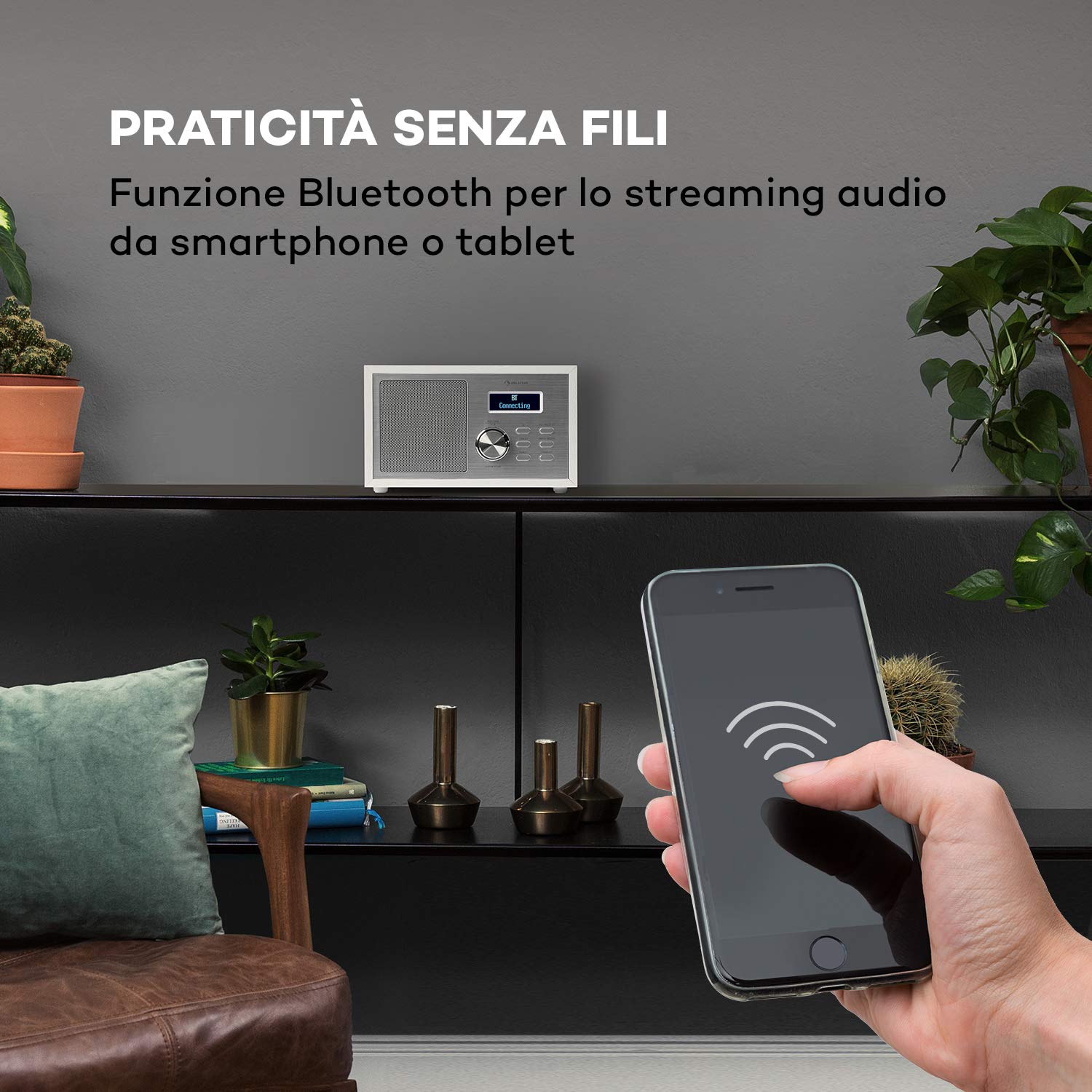 auna Ambient Radio DAB+/FM Bluetooth 5.0 A2DP Display LCD AUX-In Cuffie Effetto Legno Bianco