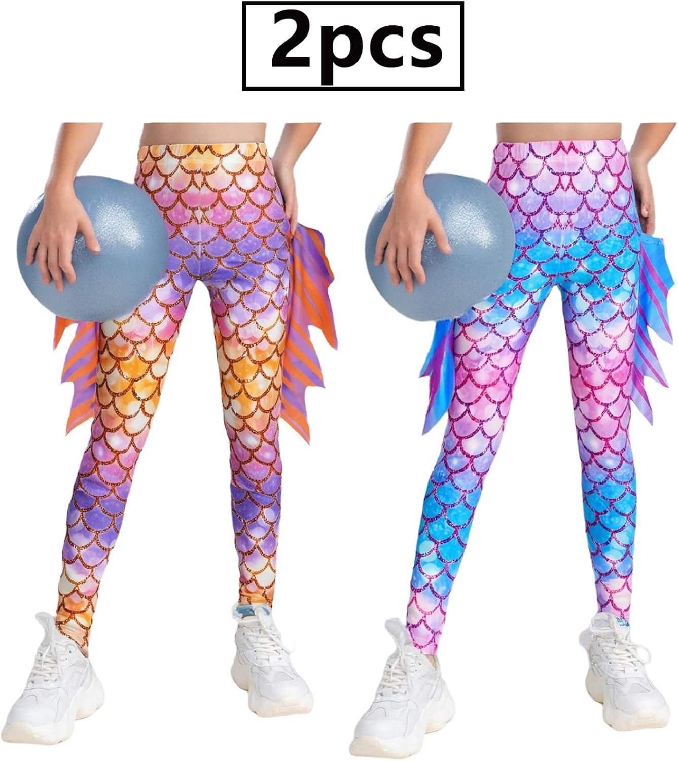 Jhaoyu 2-Pack Fish Scale Leggings for Girls Mermaid Tight Pants Carnival Dress Up High Waist Halloween Bottoms