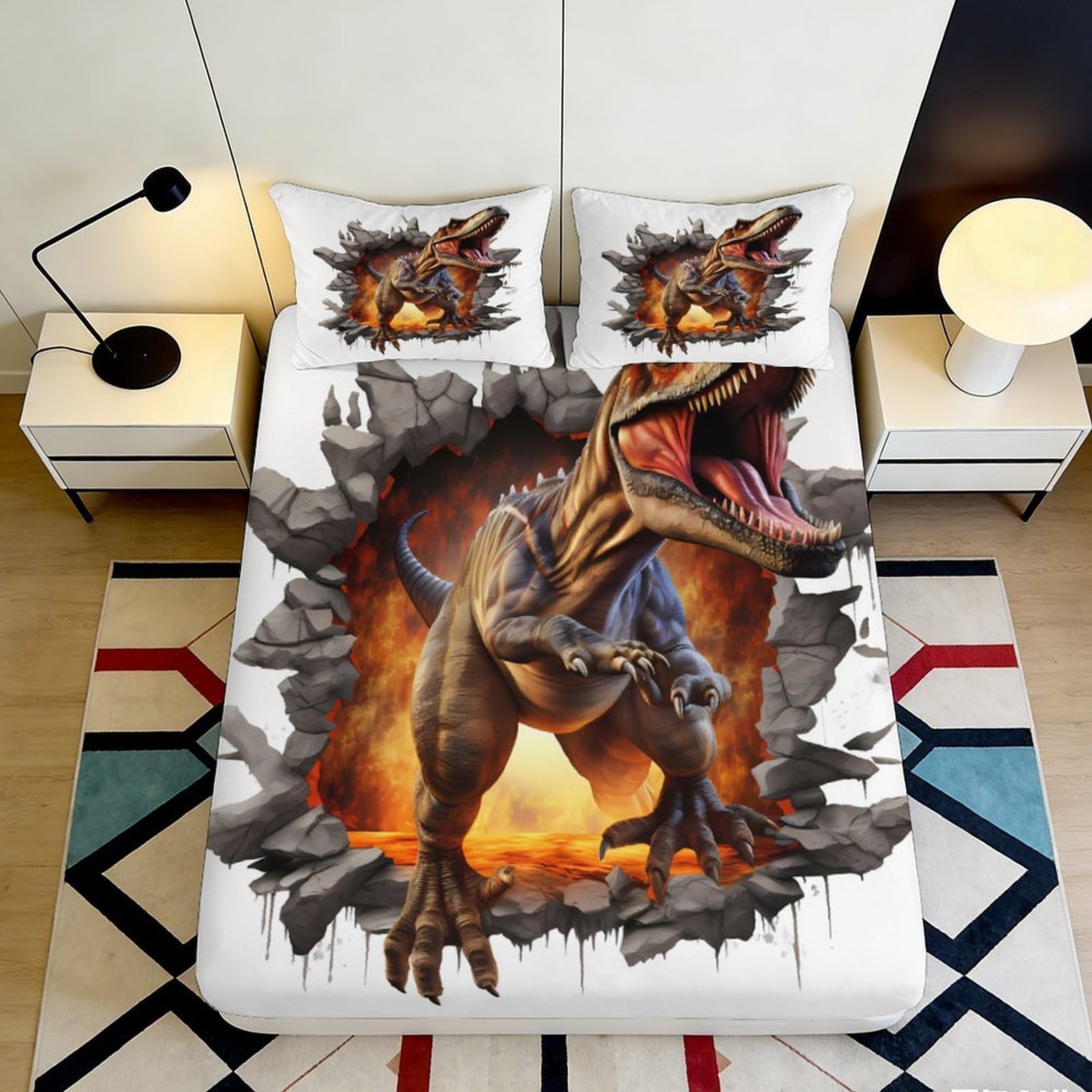 3D Printed Dinosaur Volcano Fitted Sheet Microfiber Soft Anti-Slip Jurassic Bed Cover for Bedroom Dorm Mattress Protection 90x200x25cm