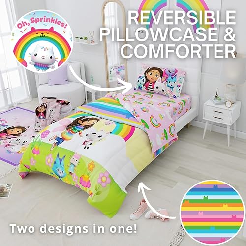 Miniatura 3 de Franco DreamWorks Gabby's Dollhouse Cakey, Mercat and Pandy - Juego de sábanas y edredón súper suaves para niños, 5 piezas, tamaño matrimonial,