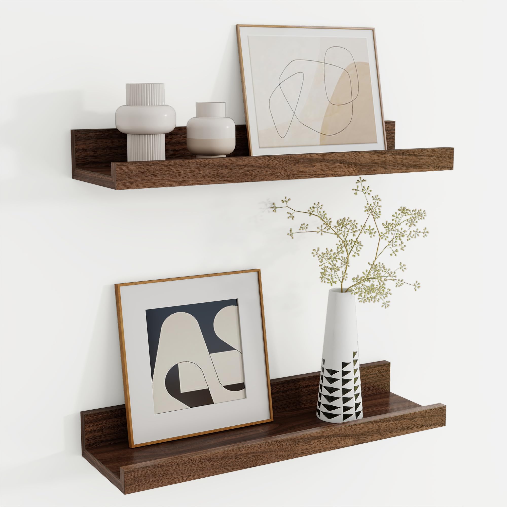 Floating Shelves Set of 2, 40cm Walnut Picture Ledge Shelf, Nursery Shelves with Lip for Storage, Kids Bookshelf Wood Wall Mounted Shelves for Living Room Bedroom Studies Decor Books Photo Frames