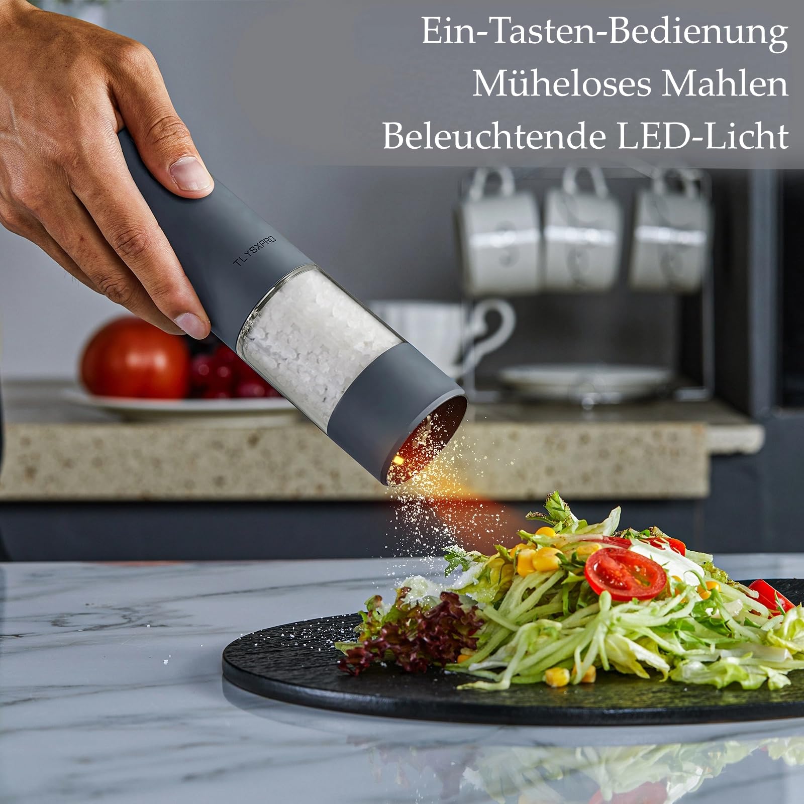TLYSXPRO Salz und Pfeffermühle Elektrisch 2er Set, USB Wiederaufladbar, Einstellbarer Grobheit Gewürzmühle, Pfeffermühle Elektrische mit LED-Licht, Reinigungsbürste, Küchengeräte, Greige