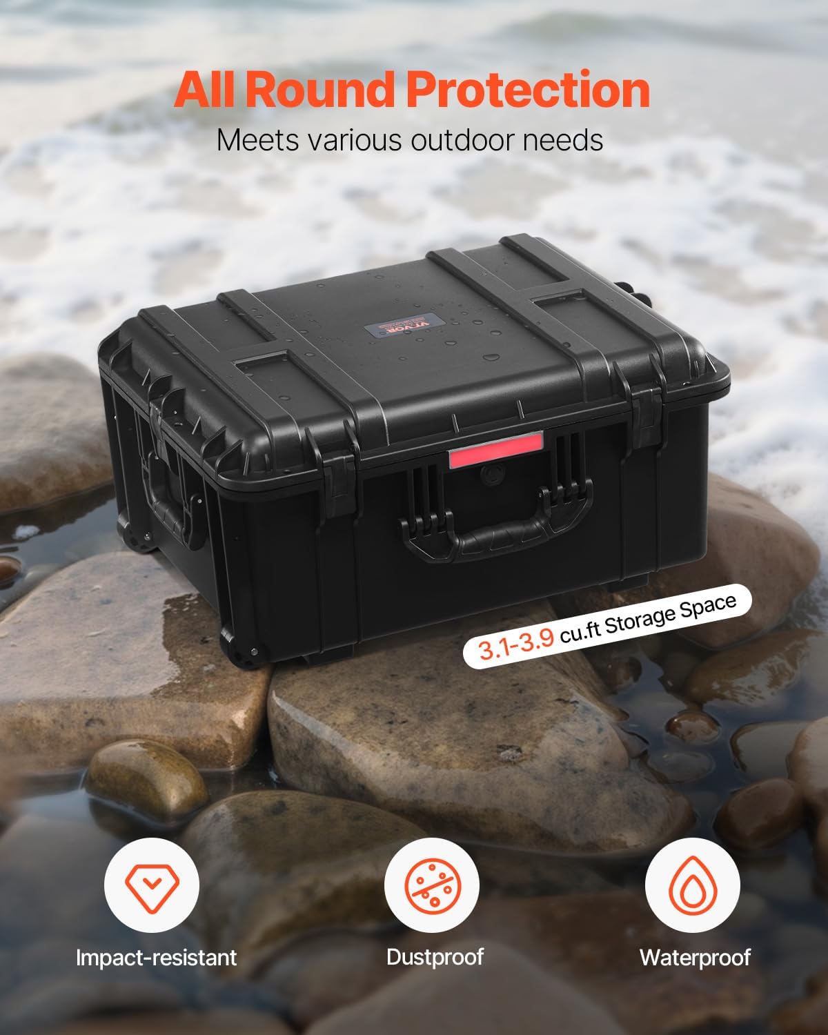 vevor weatherproof hard case, heavy duty protective dry box case with pre-cut foam, wheel retractable pull handles for travel, hunt, military, tactical, ip67 waterproof case for camera(24.8*19.7*12.5) 63x50x32 cm