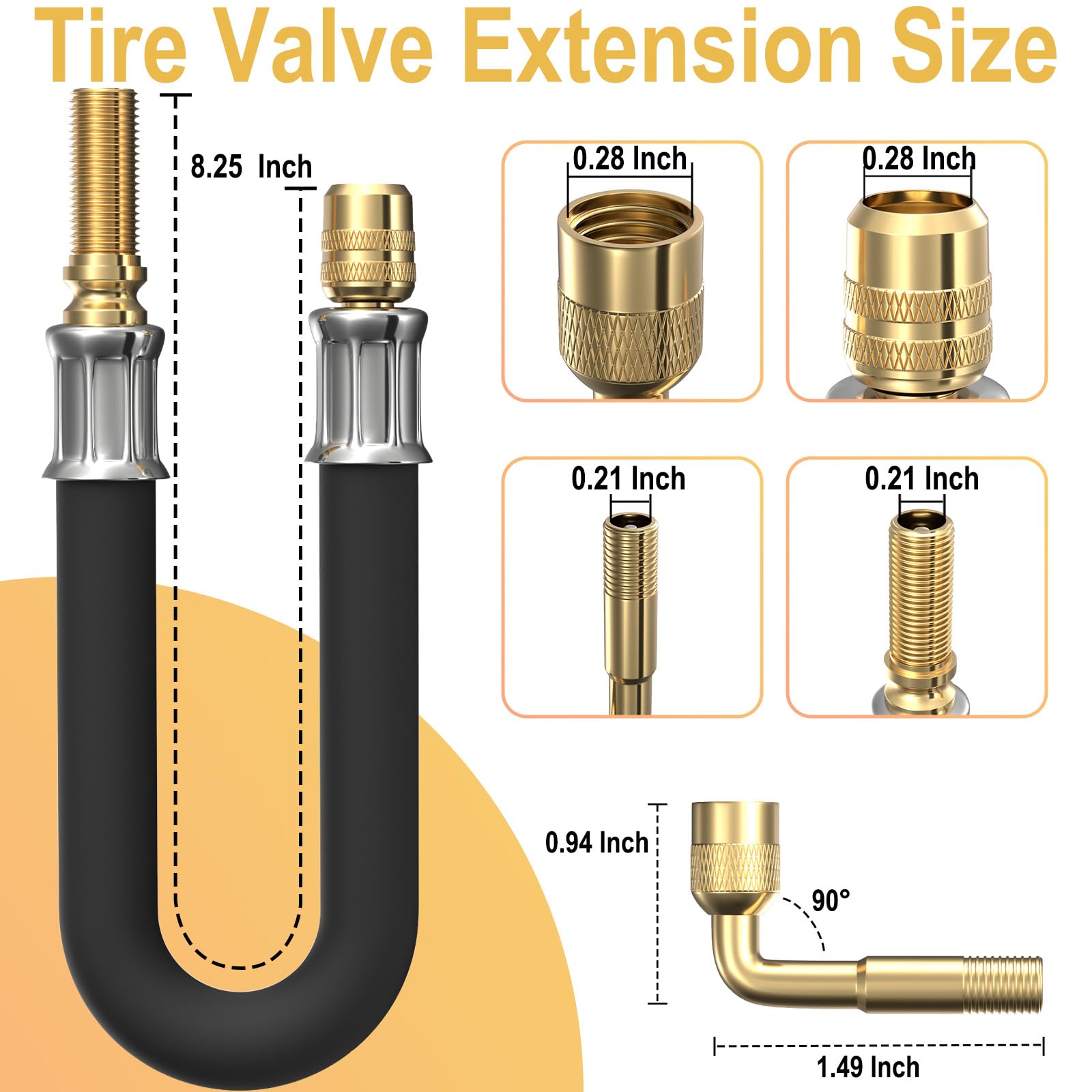 Tire Valve Extension, 8.25 Inch Flexible Tire Valve Extenders, 90 Degree Schrader Valve Adapter, Tire Valve Stem Extension, Universal Flexible Tire Valve for Cars Rv Truck Motorcycle Bike Scooter